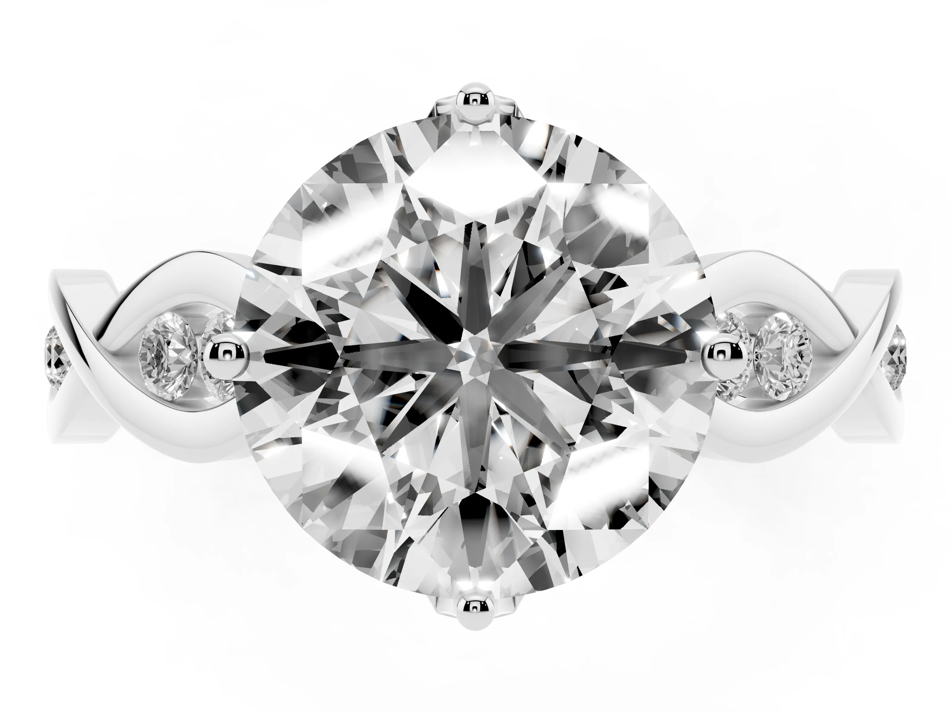 Round Cut Diamond Twist Band Solitaire Ring Set in Platinum with Leaf Prong Setting and Accent Stones