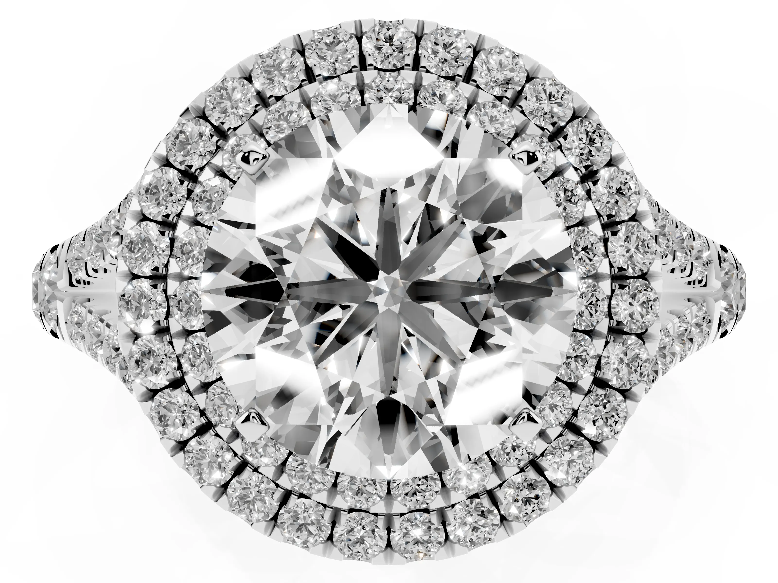 Round Cut Diamond Pavé Split Shank Double Halo Engagement Ring Set in Platinum