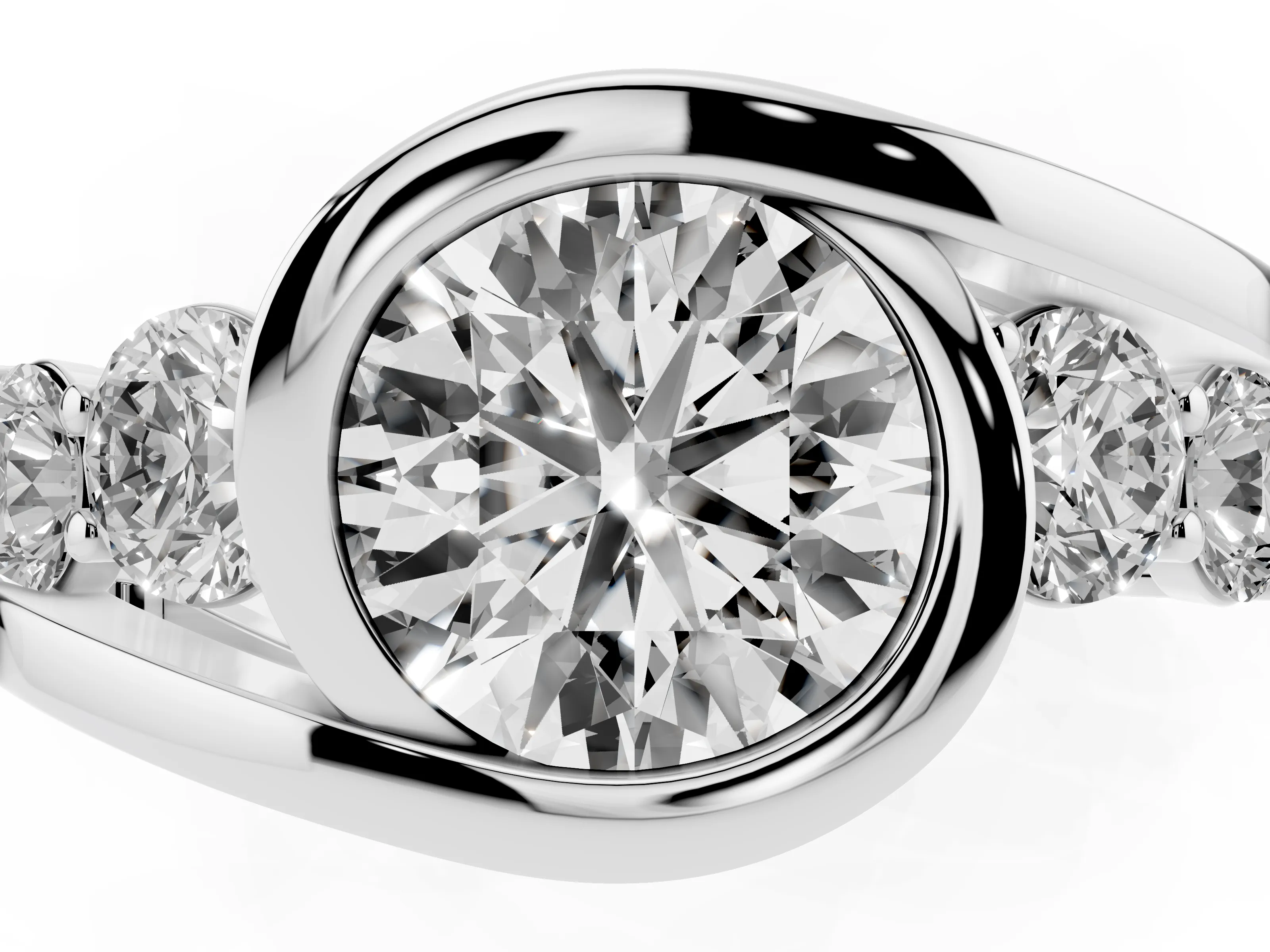 Round Cut Diamond Bezel Bypass Ring Set in Silver with Round Accents