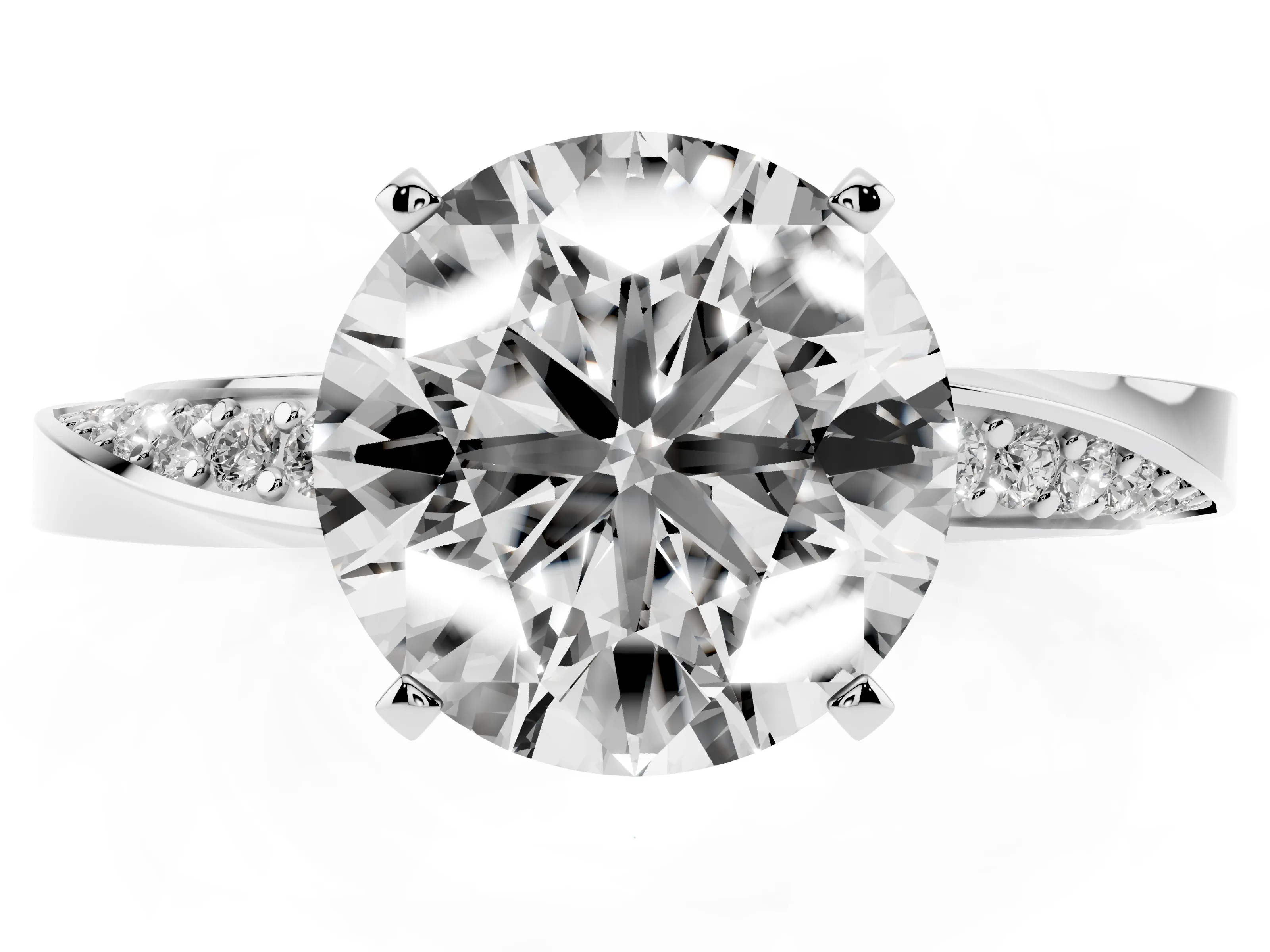 Round Cut Diamond Engagement Ring Set in White gold with Side Stone Accents and Prong Setting