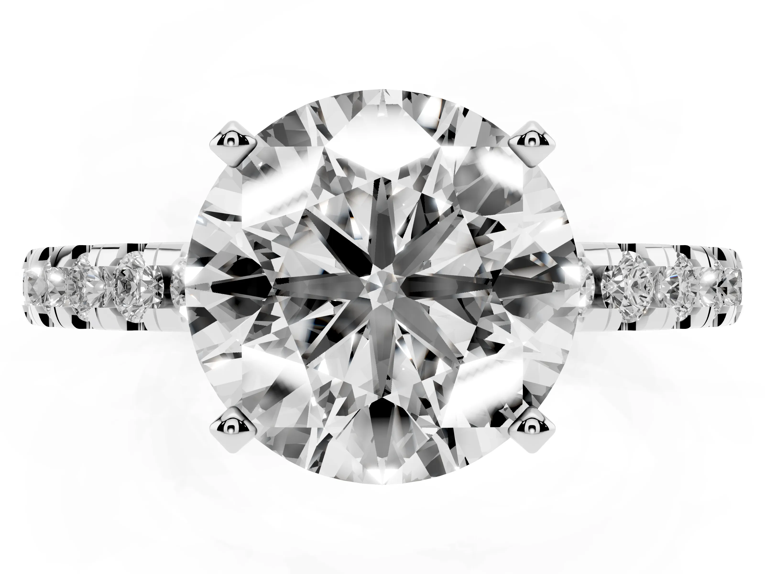 Round Cut Diamond Pavé Solitaire Ring Set in Silver with Round Band Accents and Prong Setting