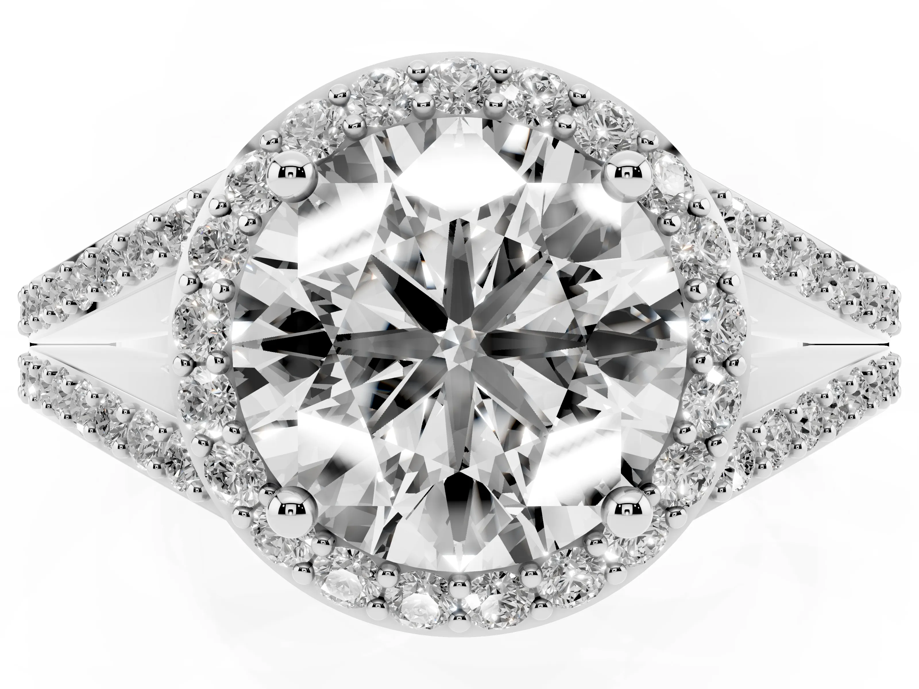 Round Cut Diamond Halo Split Shank Pavé Ring Set in Platinum with Prong Setting