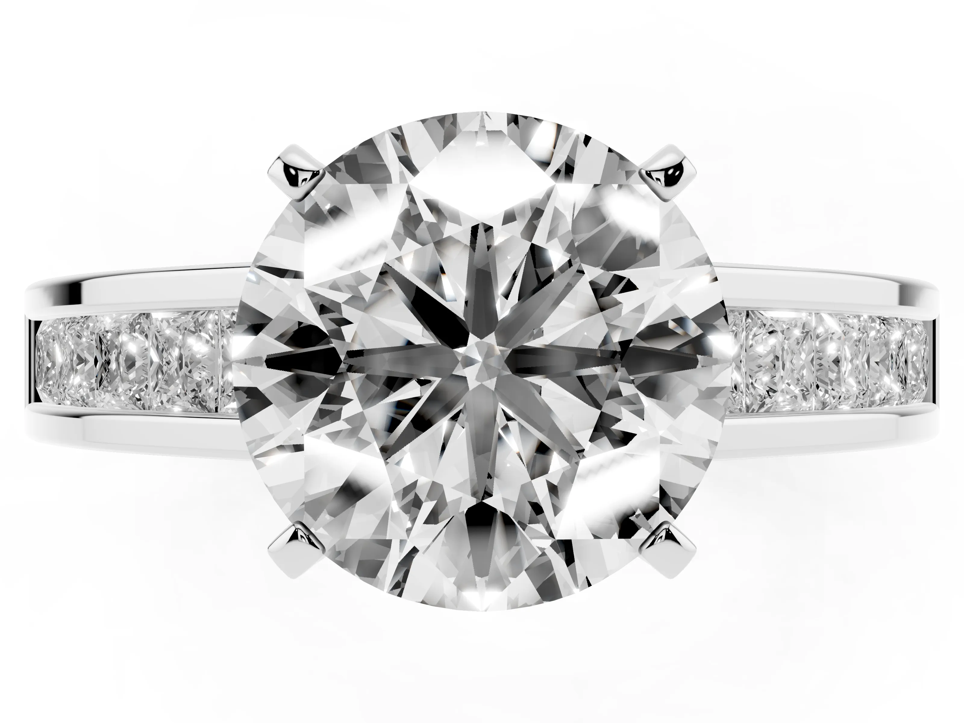 Round Cut Diamond Solitaire Ring Set in White gold with Channel-Set Band and Prong Setting