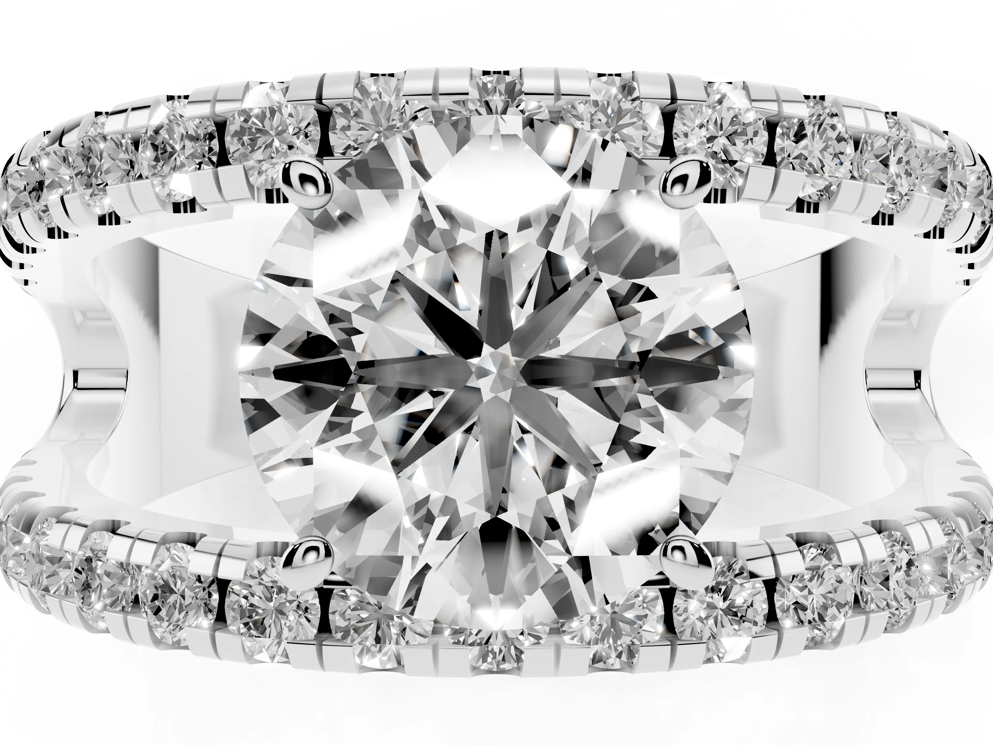Round Cut Diamond Split Shank Pavé Solitaire Ring Set in White gold with Open Shank Design