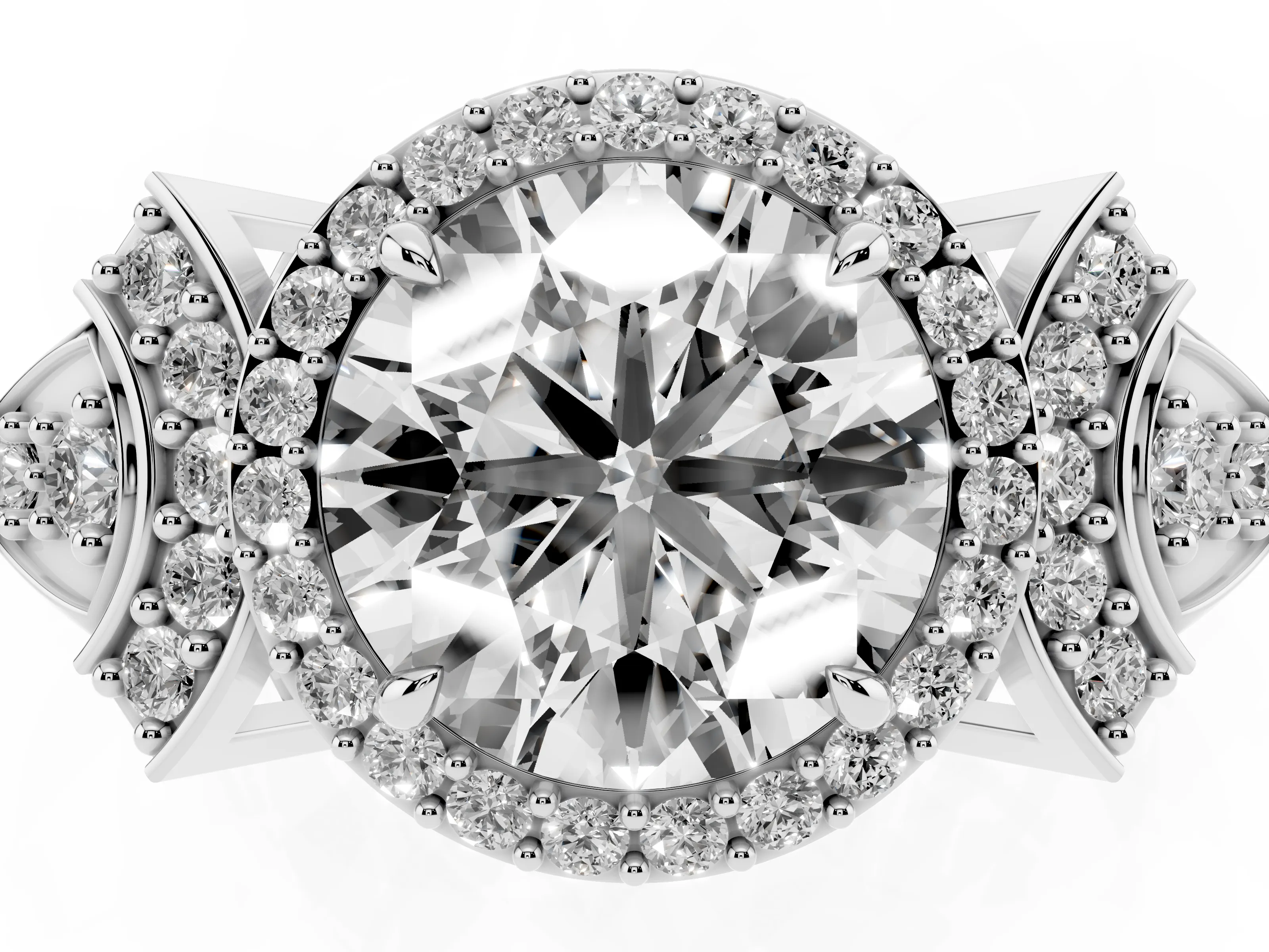 Round Cut Diamond Halo Engagement Ring Set in Silver with Accent Stone Split Shank