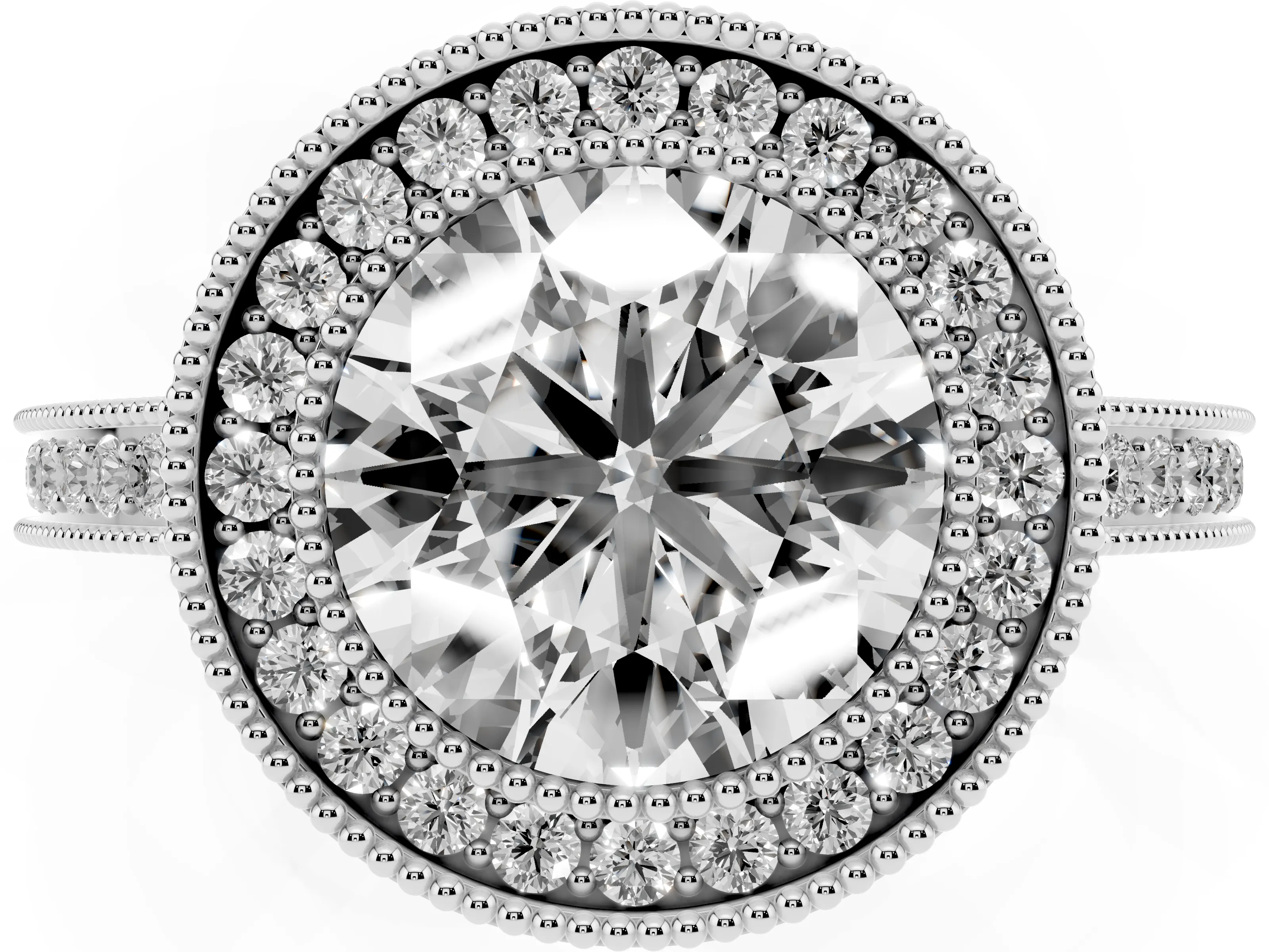 Round Cut Diamond Halo Ring Set in White gold with Pavé Band and Milgrain-Edged Prongs