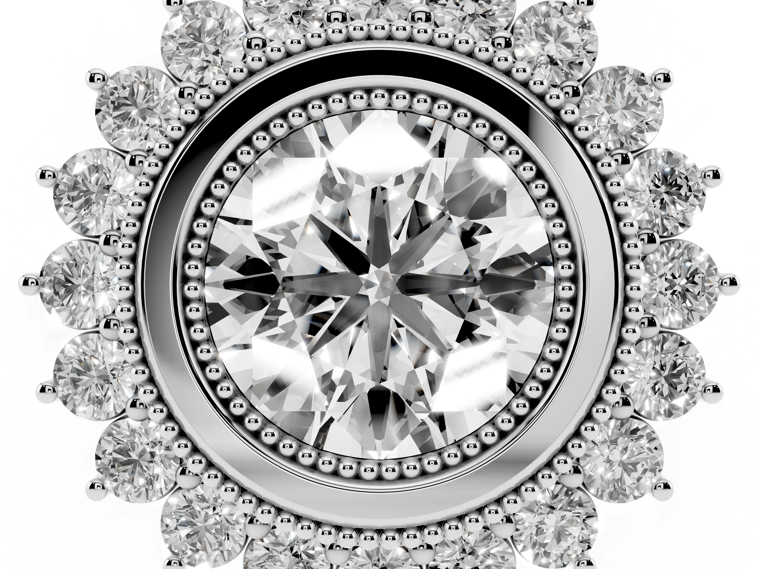 Round Cut Diamond Halo Ring Set in Silver with Milgrain Edge and Round Prong Setting