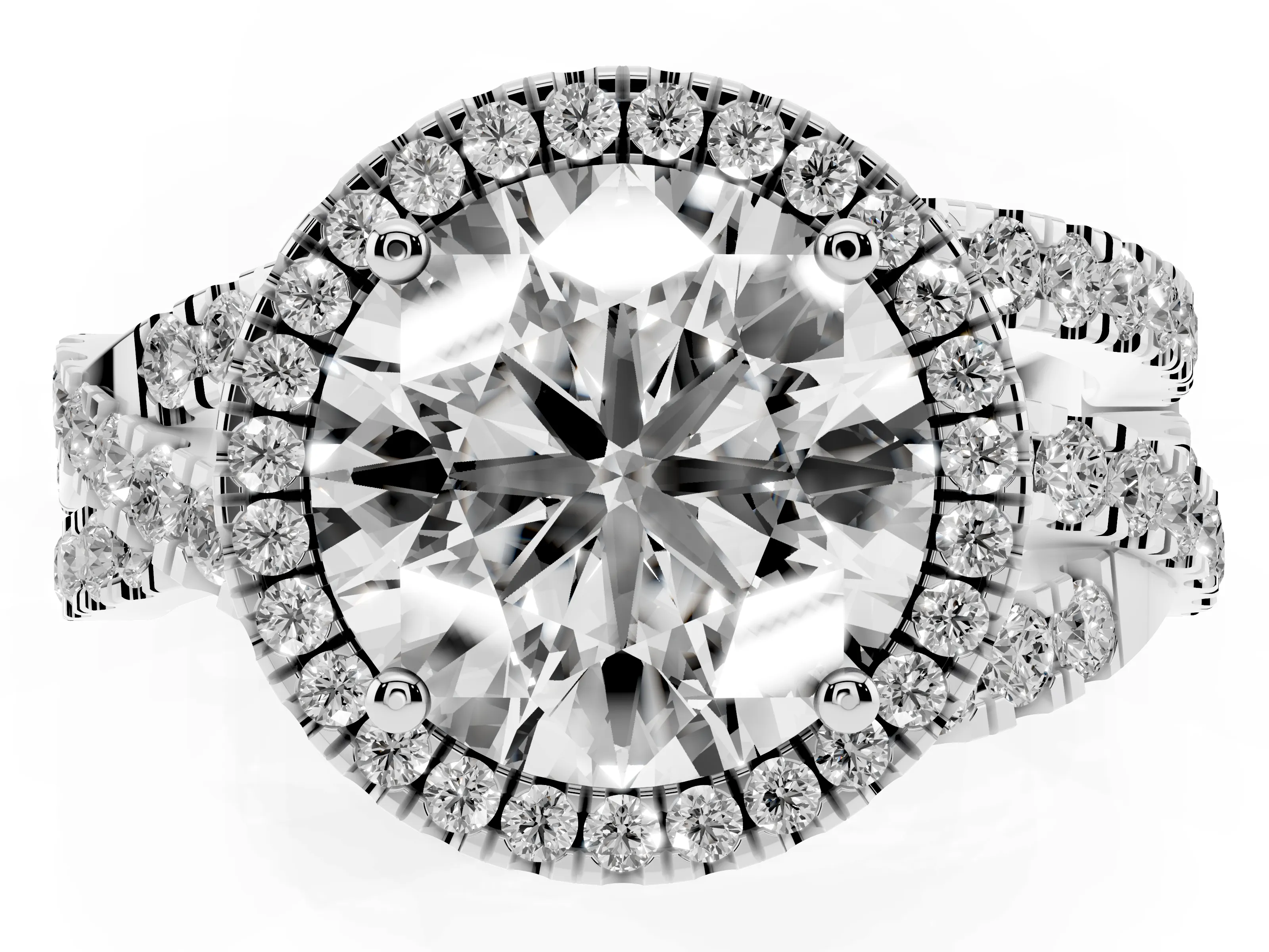 Round Cut Diamond Halo Ring Set in White gold with Round Crossover Split Shank and Prong Setting