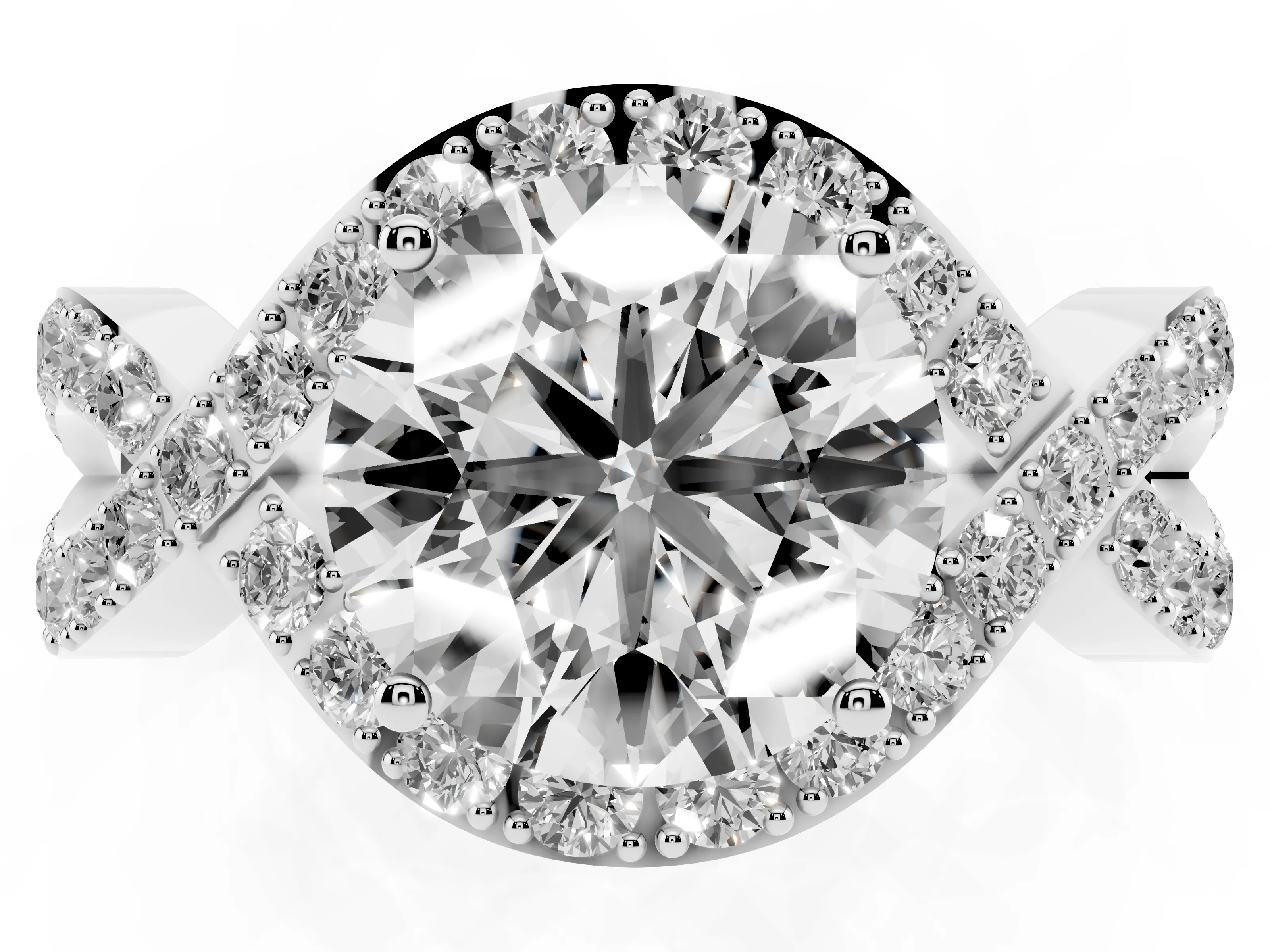 Round Cut Diamond Solitaire Twist Band Pavé Engagement Ring Set in White gold