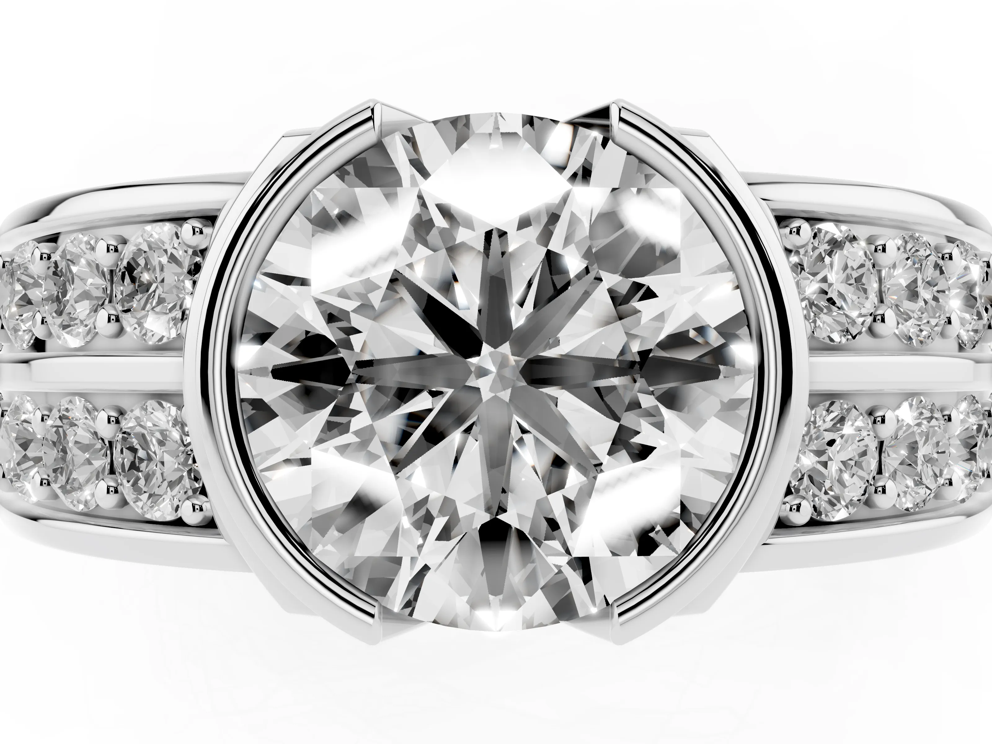 Round Cut Diamond Wide Channel Set Band Ring Set in White gold with Bezel Setting