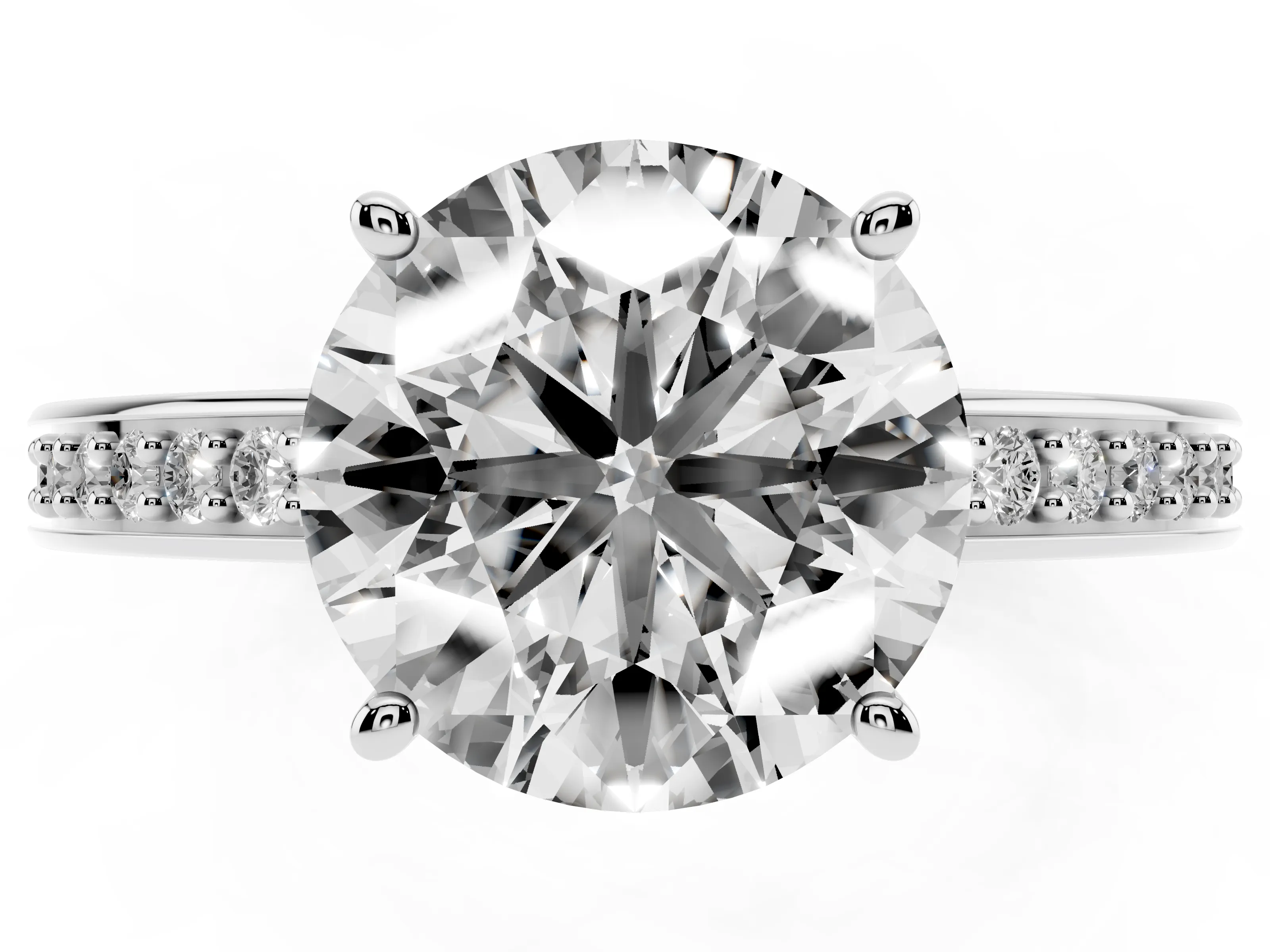 Round Cut Diamond Pavé Band Prong Set Solitaire Ring Set in White gold