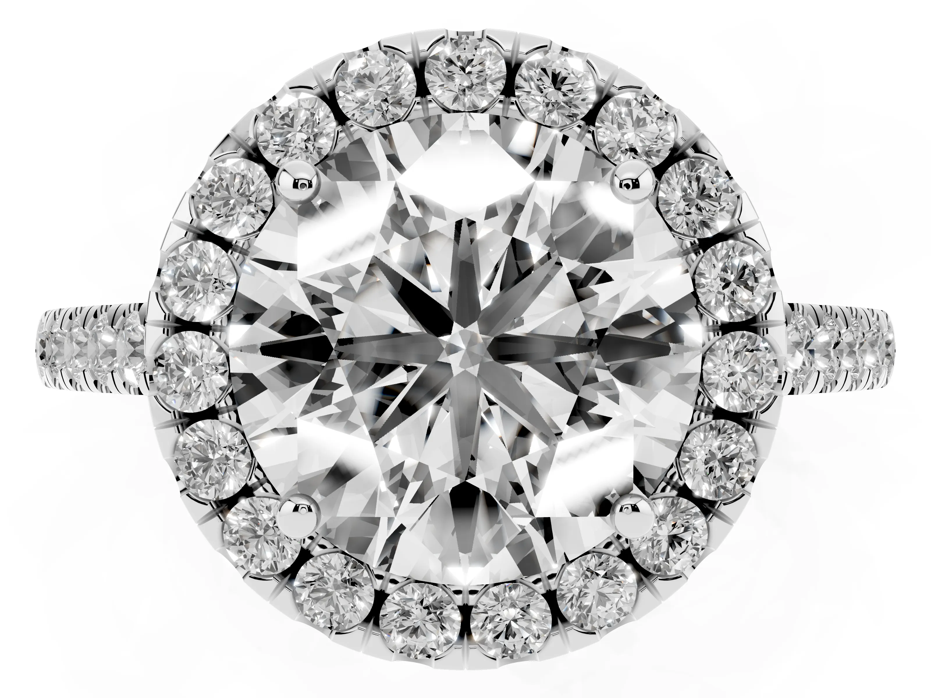 Round Cut Diamond Pavé Halo Engagement Ring Set in White gold with Pavé Band and Prong Setting