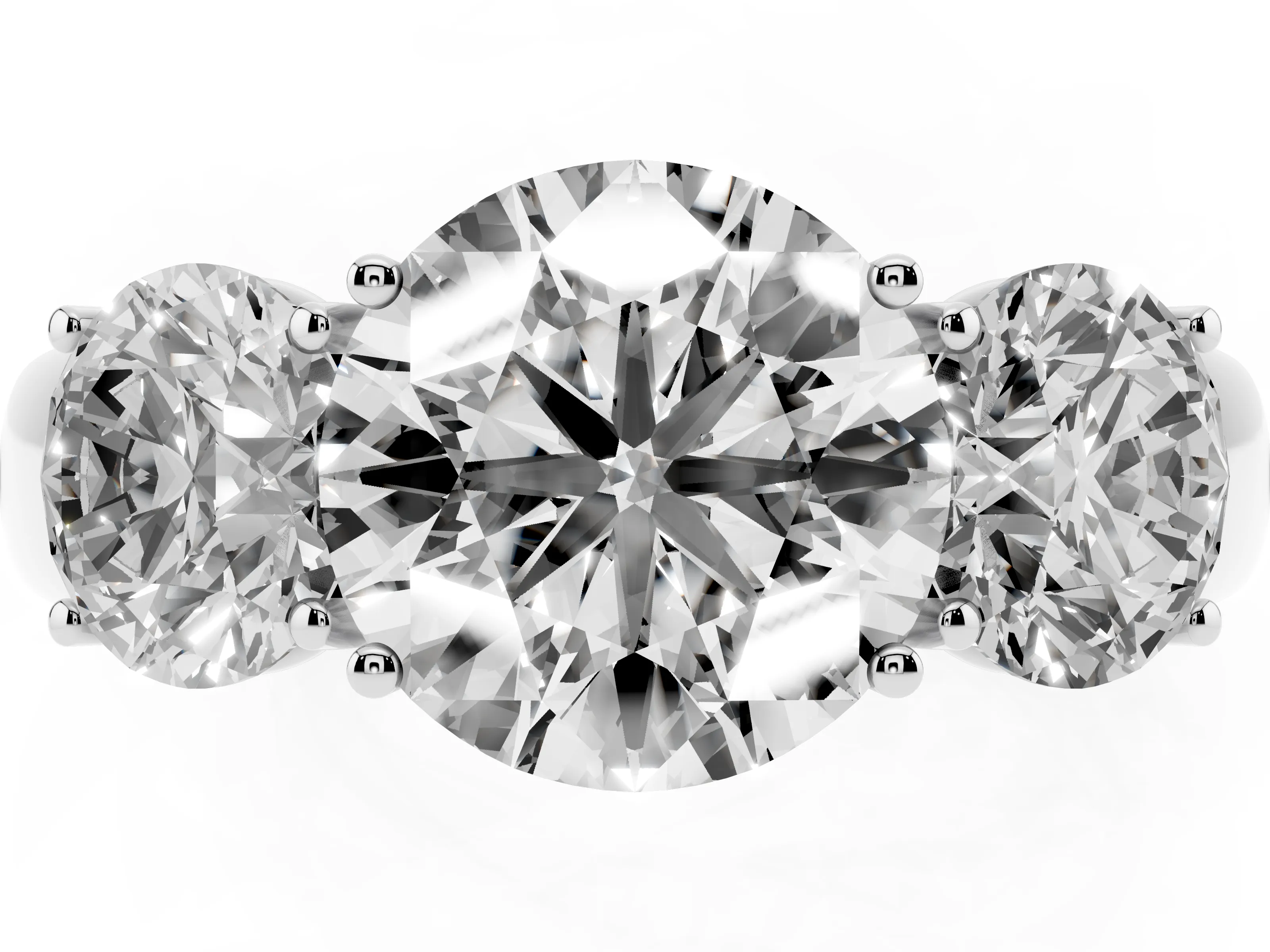 Three-Stone Round Cut Diamond Ring Set in Silver with Matching Prong Settings and Plain Band