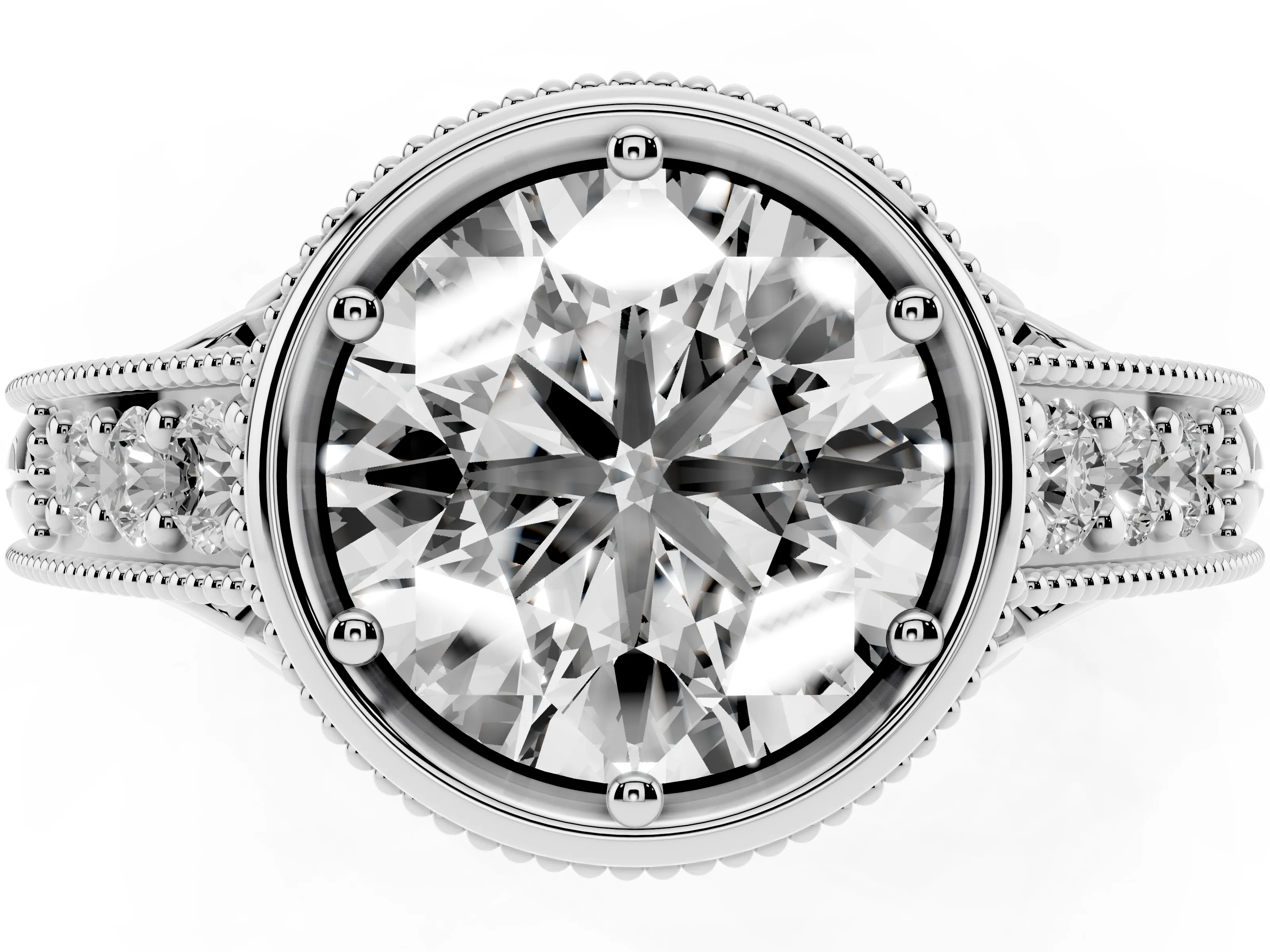 Bezel Set Round Cut Diamond Milgrain Pavé Engagement Ring Set in Silver