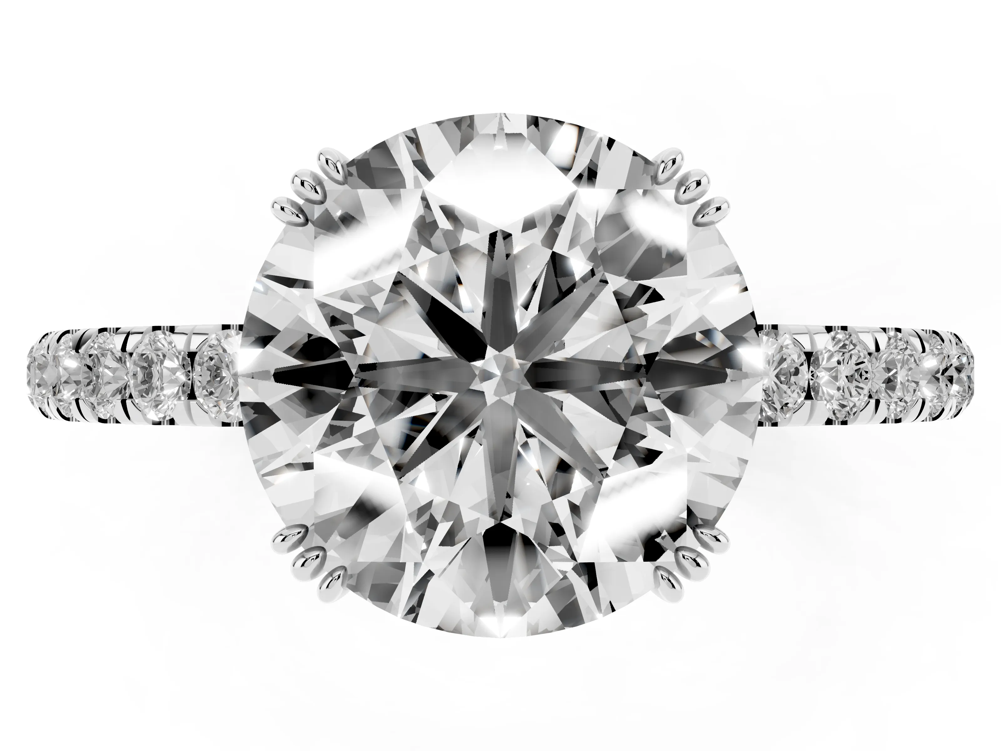 Round Cut Diamond Brilliant Solitaire Set in Silver with Pavé Band and Claw Prong Setting
