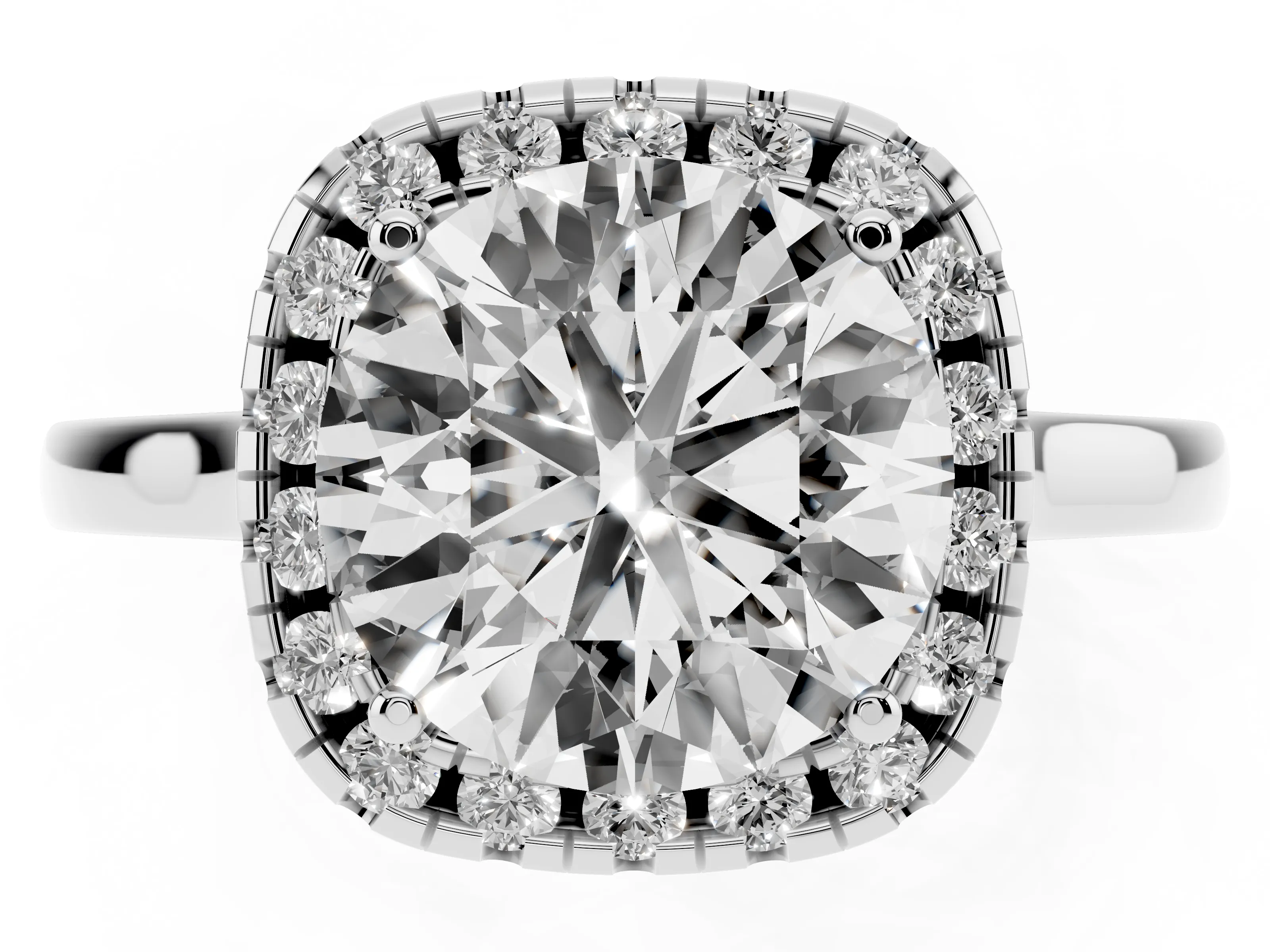 Round Cut Halo Round Diamond Solitaire Ring Set in White gold with Pavé Band and Prong Setting