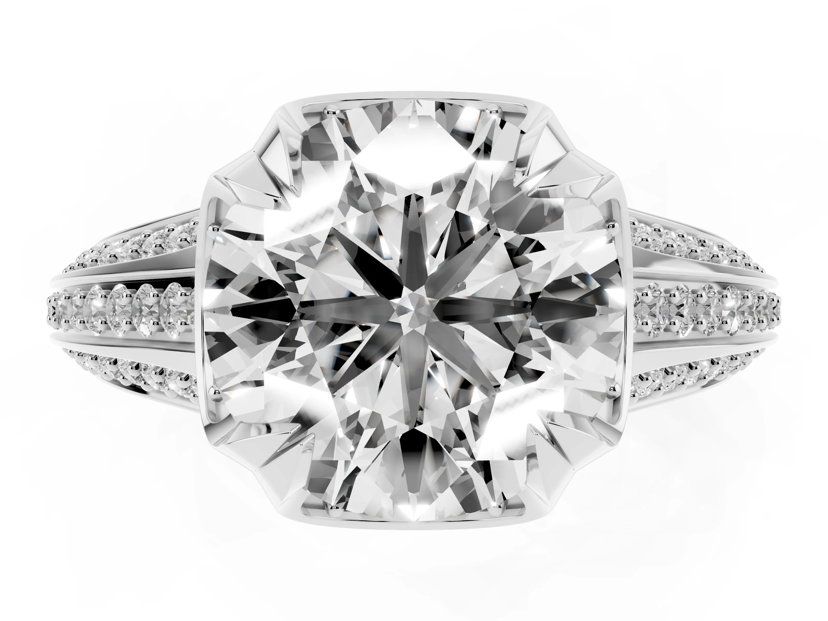 Round Cut Diamond Pavé Split Shank Solitaire Ring Set in White gold with Prong Setting