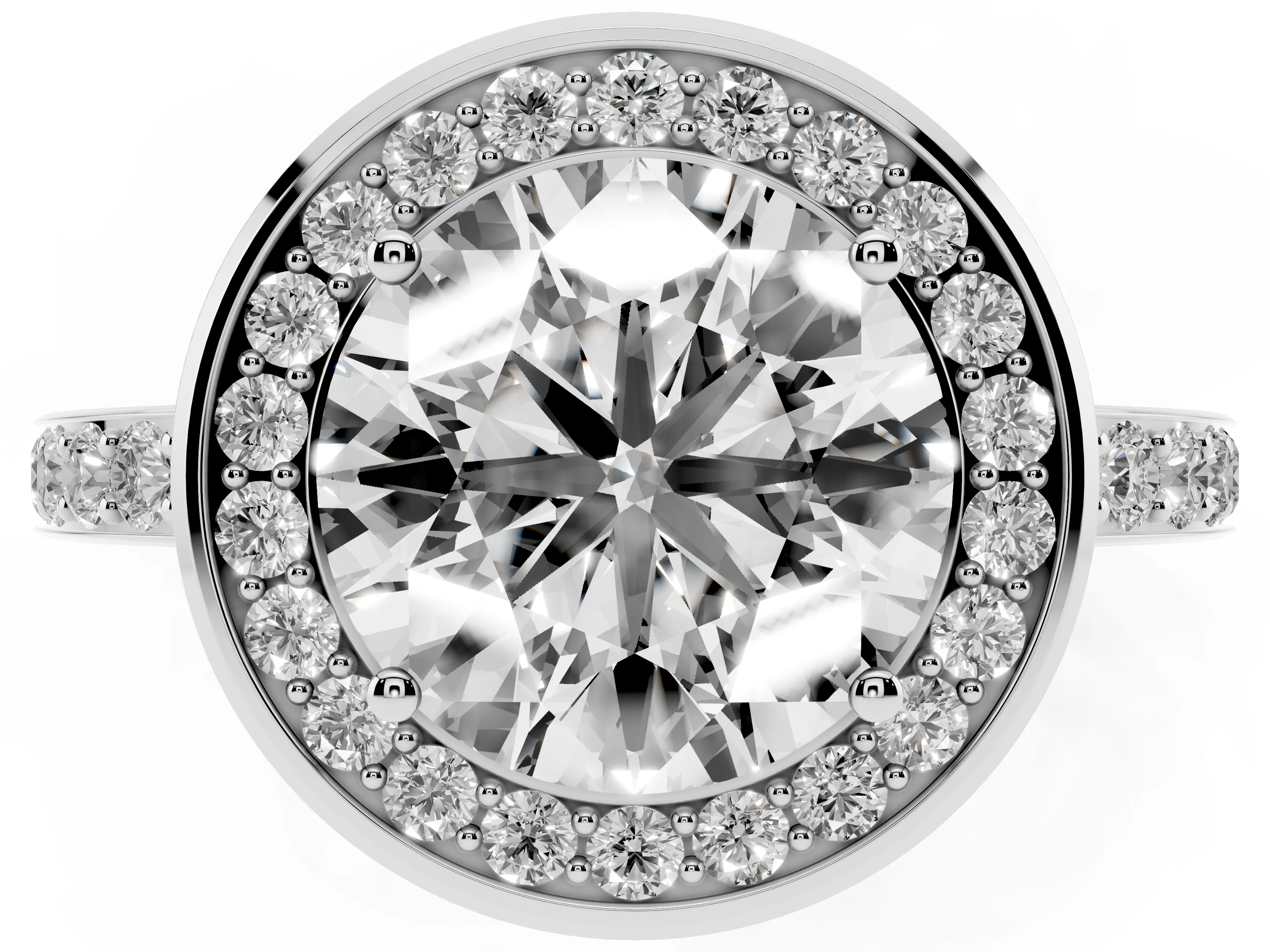 Round Cut Diamond Halo Ring Set in Silver with Bezel Frame and Pavé Band