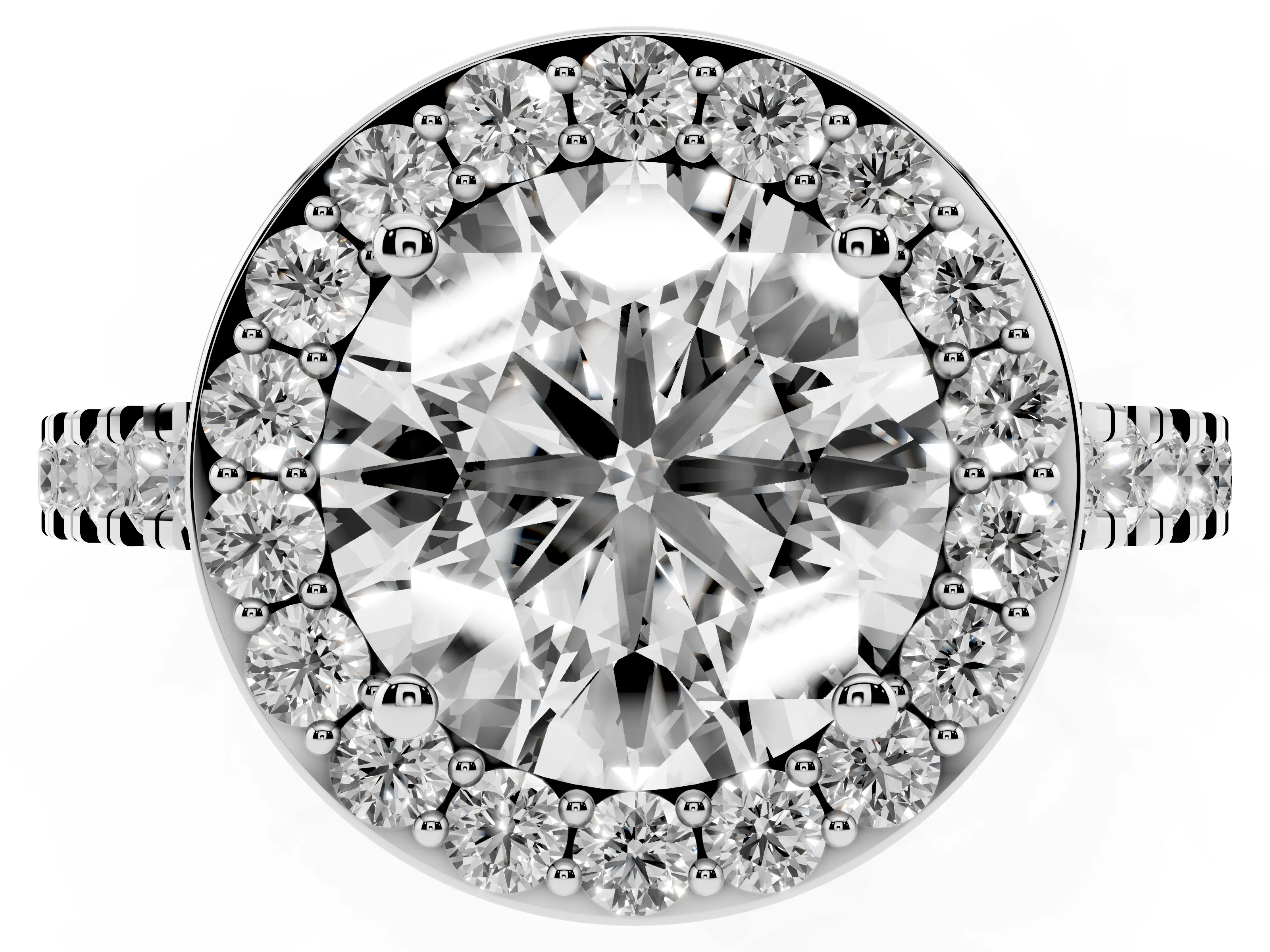 Round Cut Diamond Halo Ring Set in Silver with Round Pavé Split Shank and Prong Setting