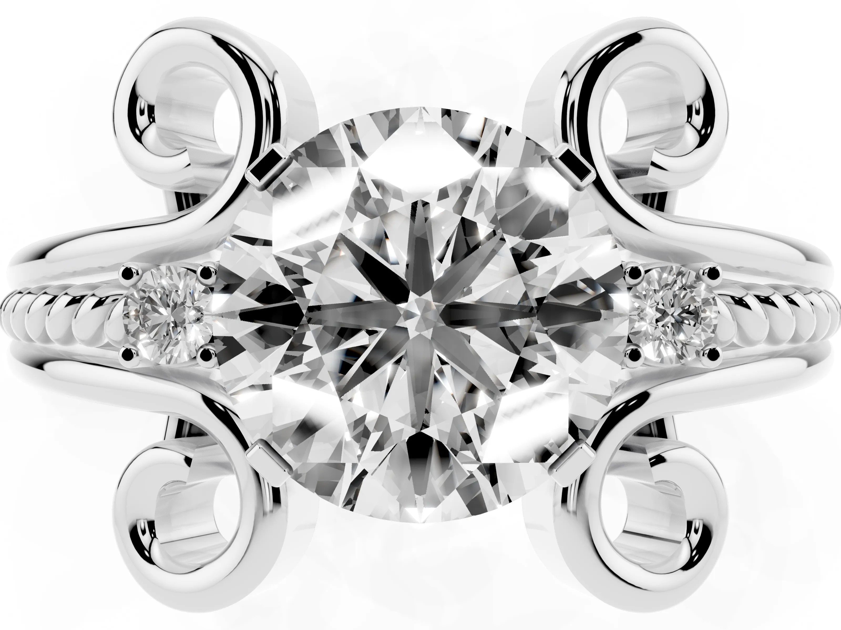 Round Cut Diamond Twisted Band Solitaire Ring Set in White gold with Scroll Prongs