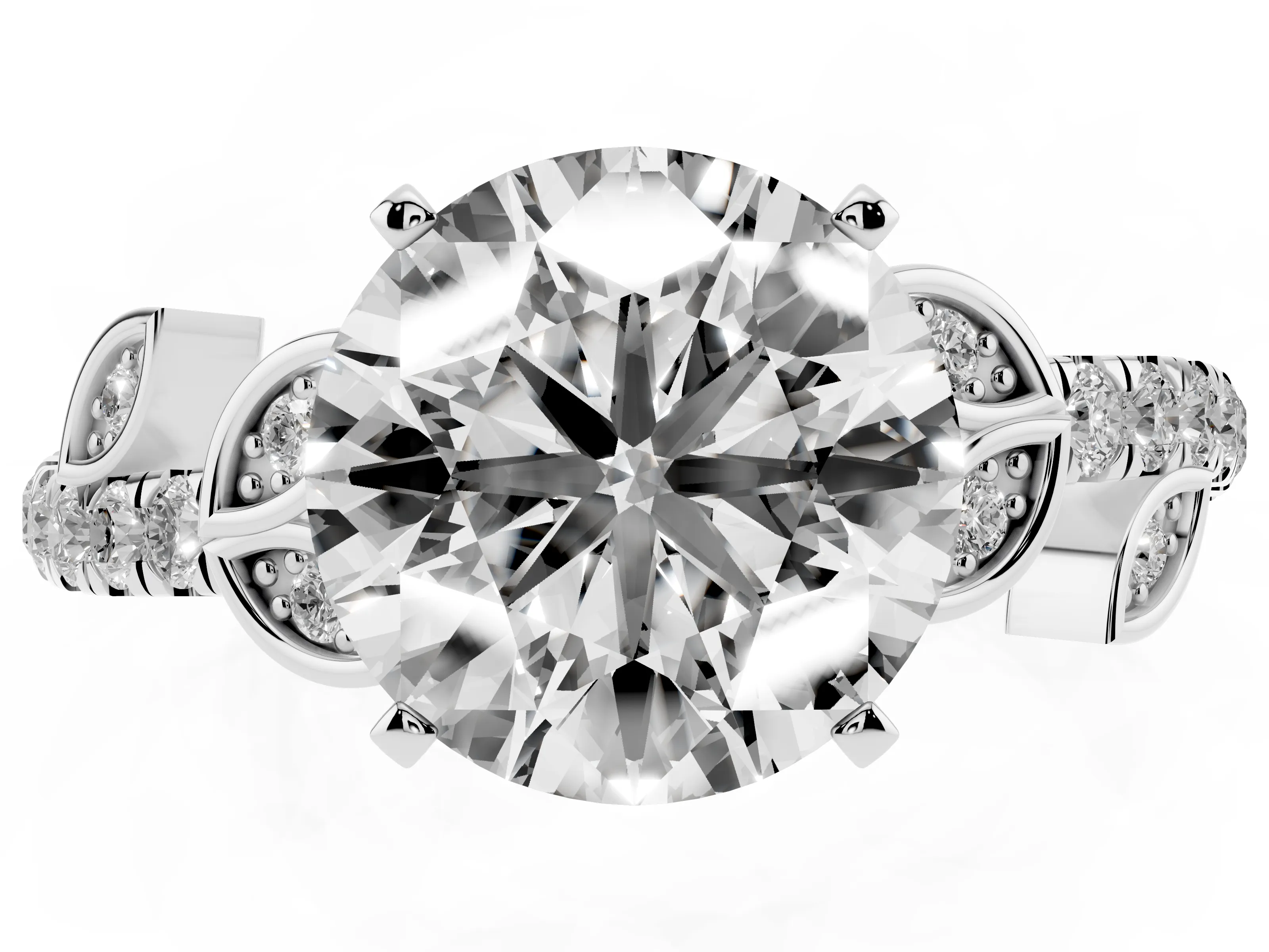 Round Cut Diamond Solitaire Leaf-Inspired Ring Set in Platinum with Pavé Band and Prong Setting