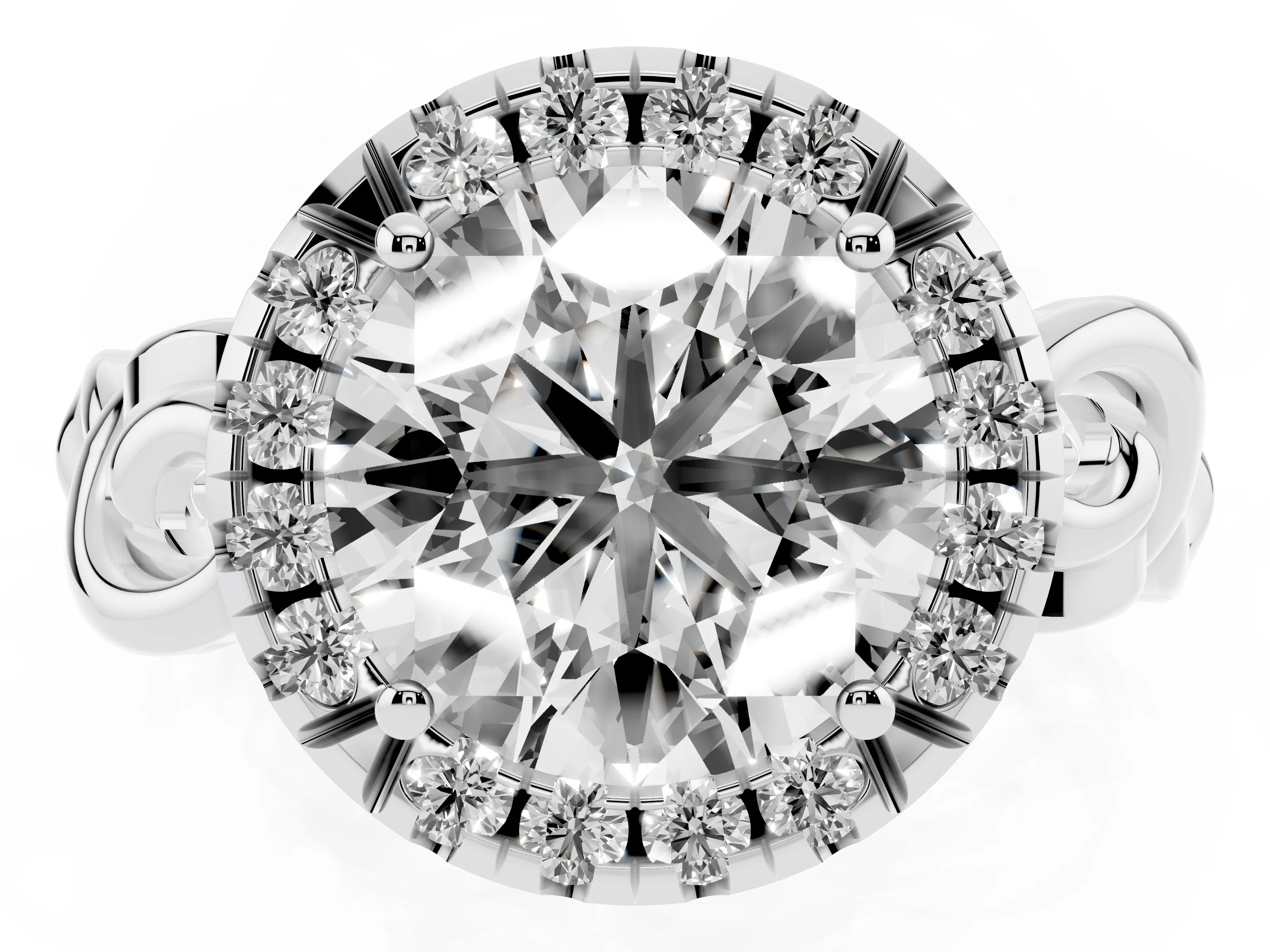 Round Cut Diamond Halo Ring Set in Platinum with Scrollwork Band and Prong Setting