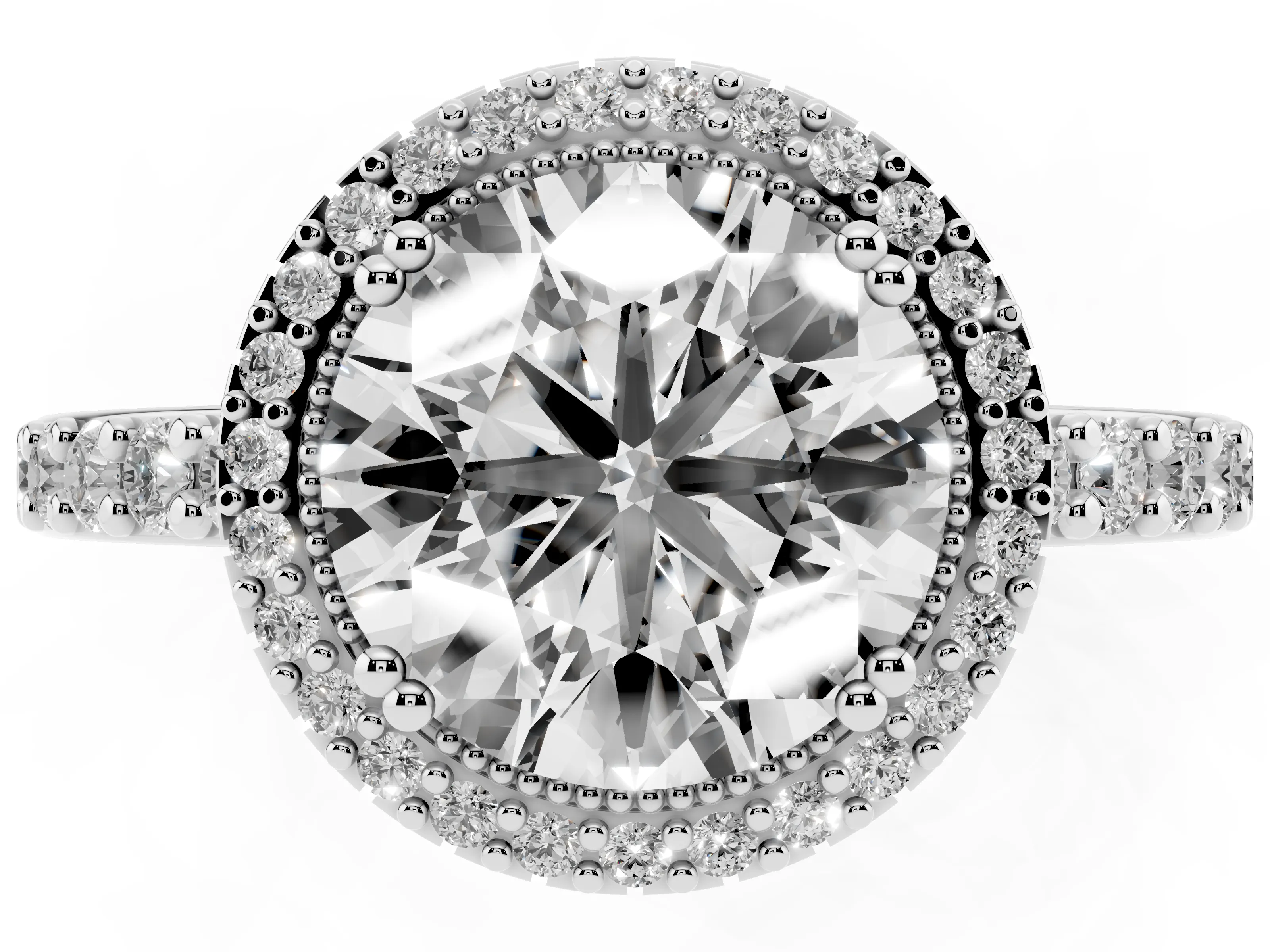 Round Cut Diamond Halo Engagement Ring Set in Platinum with Milgrain Detail and Pavé Band