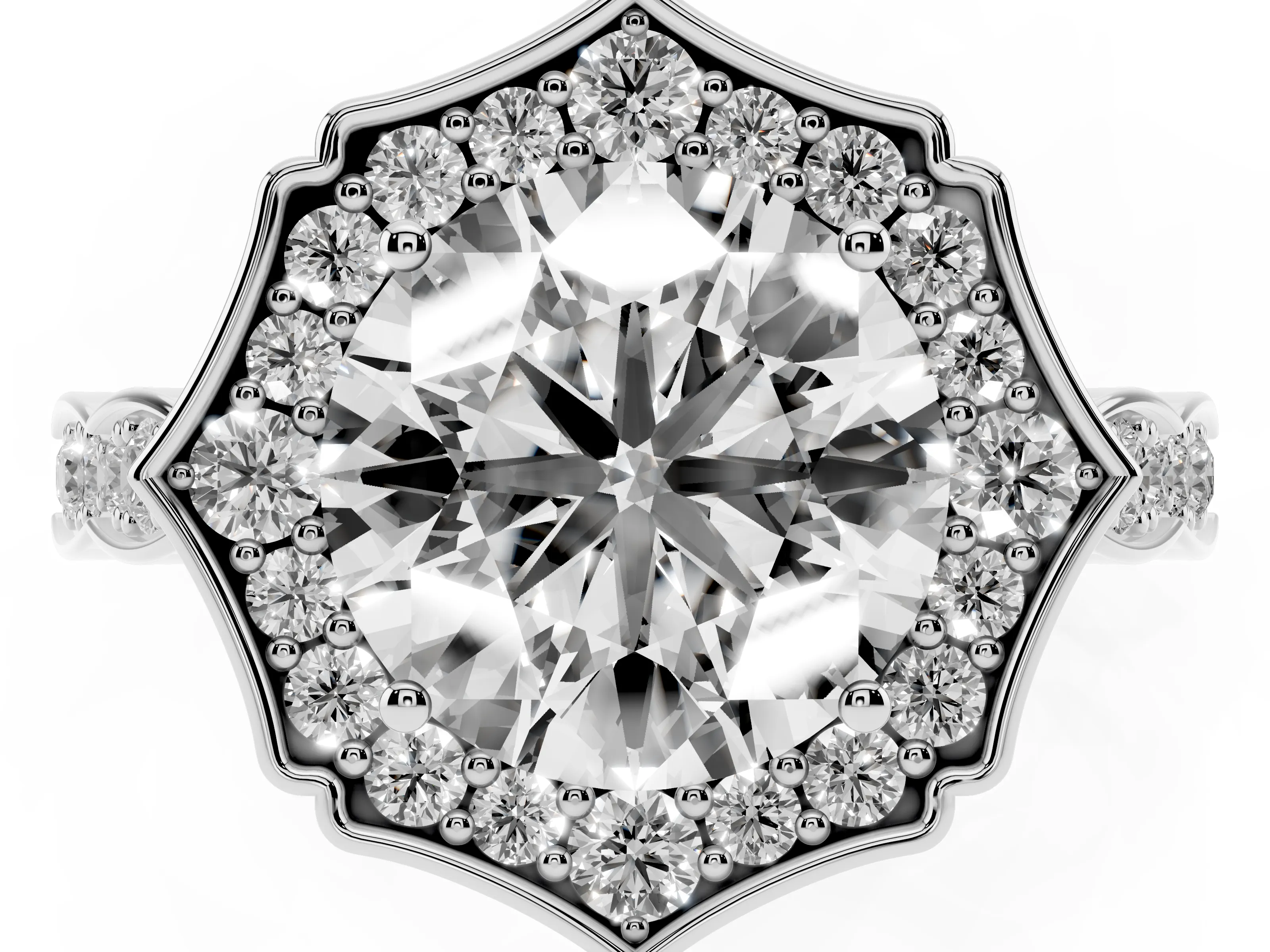 Round Cut Diamond Halo Engagement Ring Set in Platinum with Milgrain Band and Prong Setting