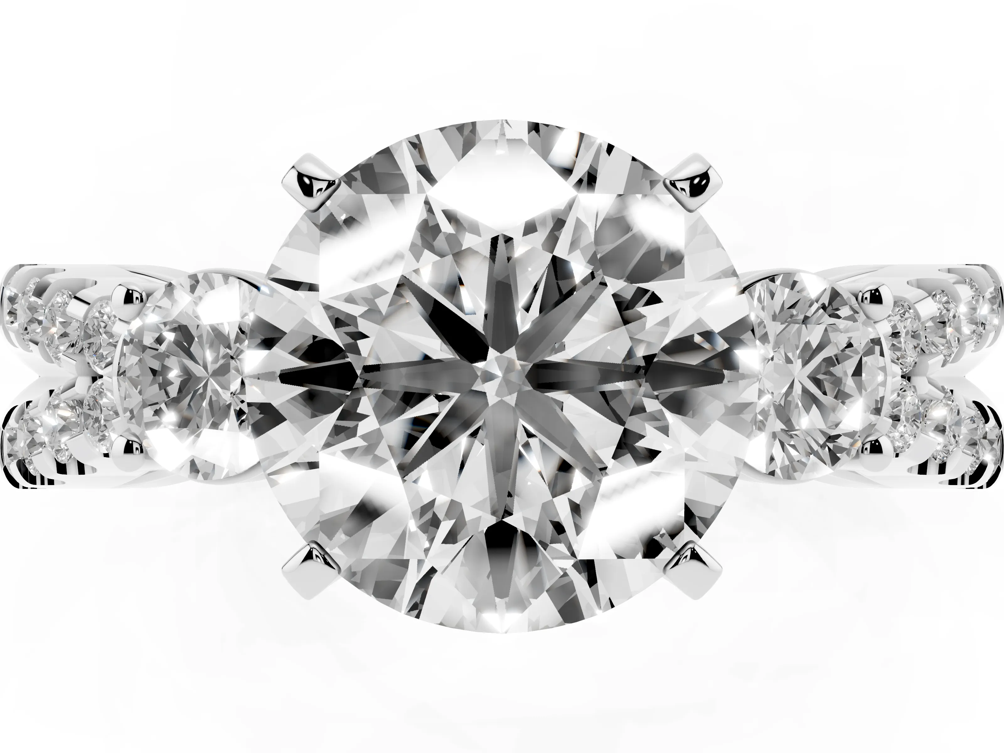 Round Cut Diamond Three-Stone Ring Set in Silver with Pavé Split Shank and Prong Setting