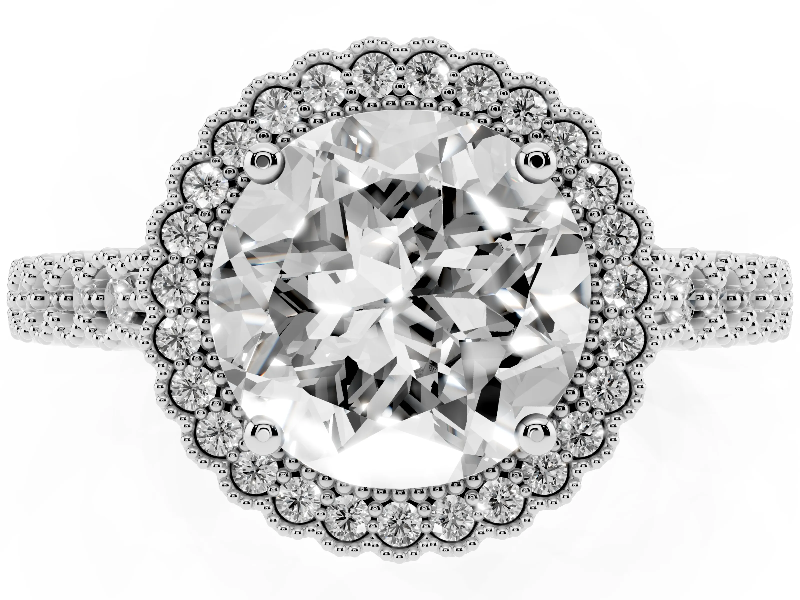 Round Cut Diamond Halo Ring Set in White gold with Pavé Milgrain Band
