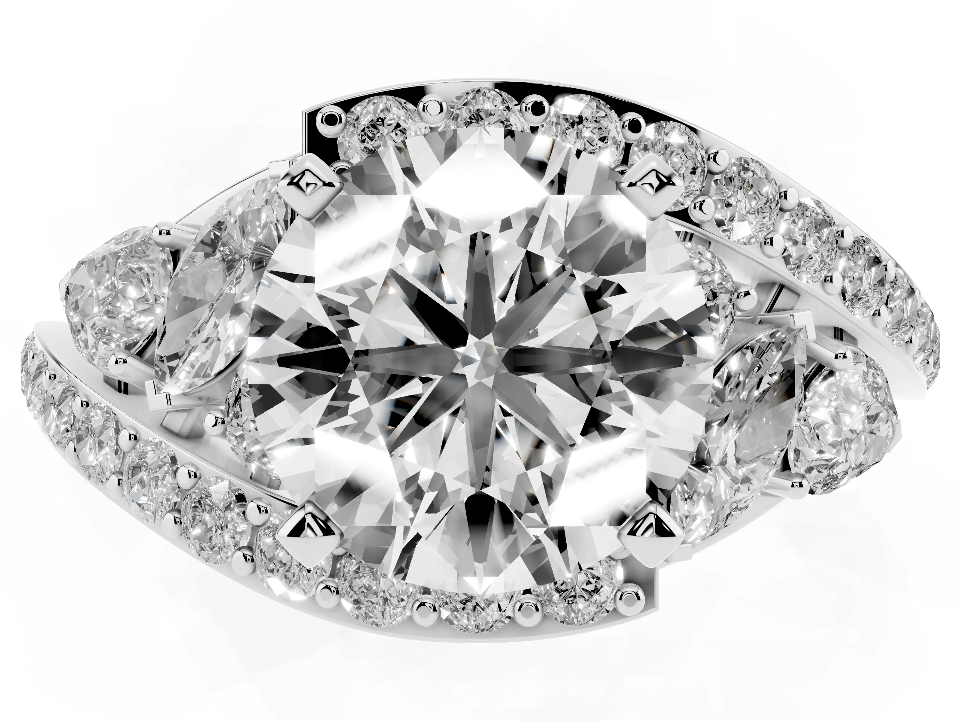 Round Cut Diamond Halo Ring Set in Platinum with Marquise and Pavé Band in Prong Setting