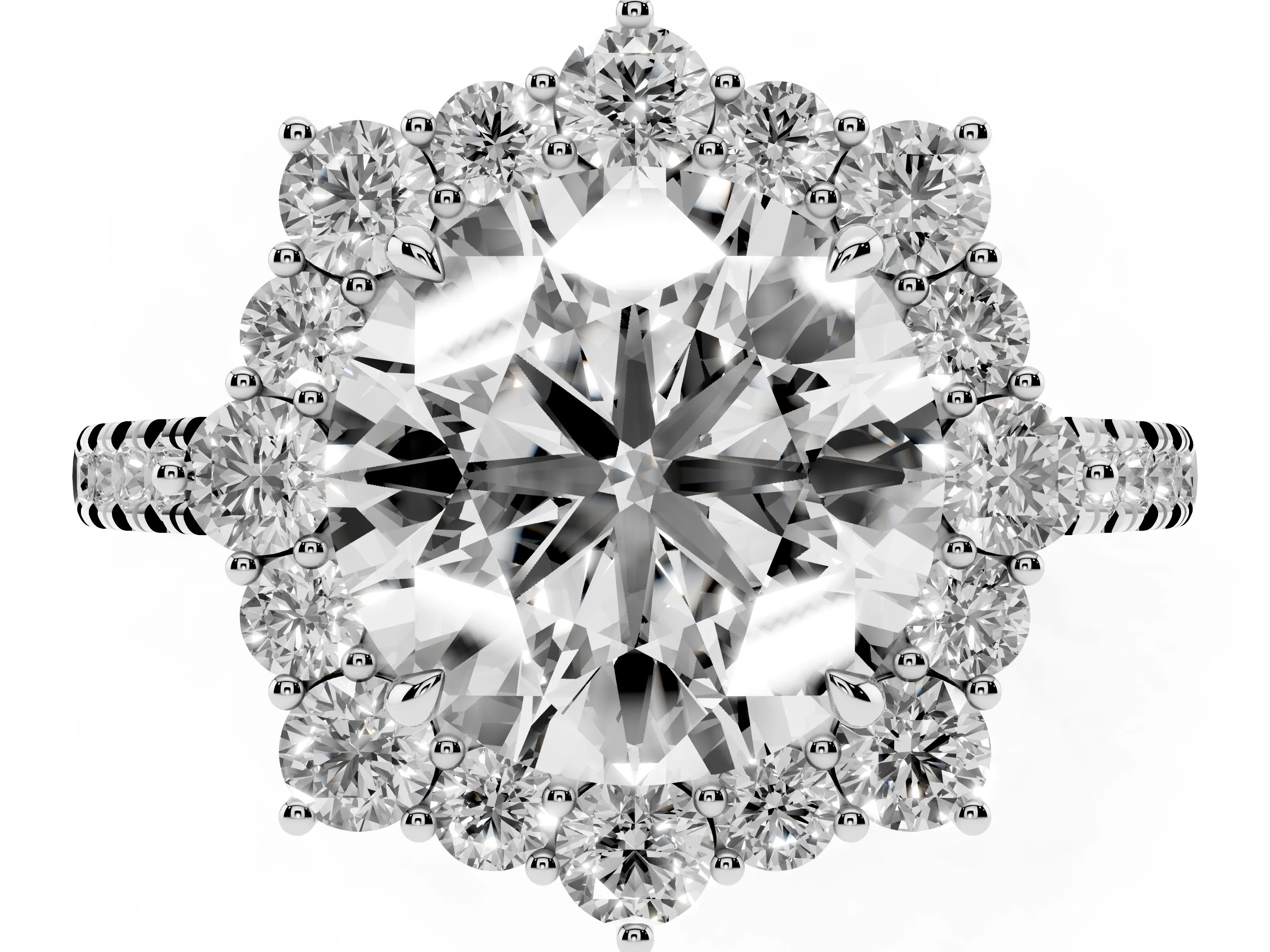 Round Cut Diamond Halo Ring Set in Silver with Pavé Band and Prong Setting