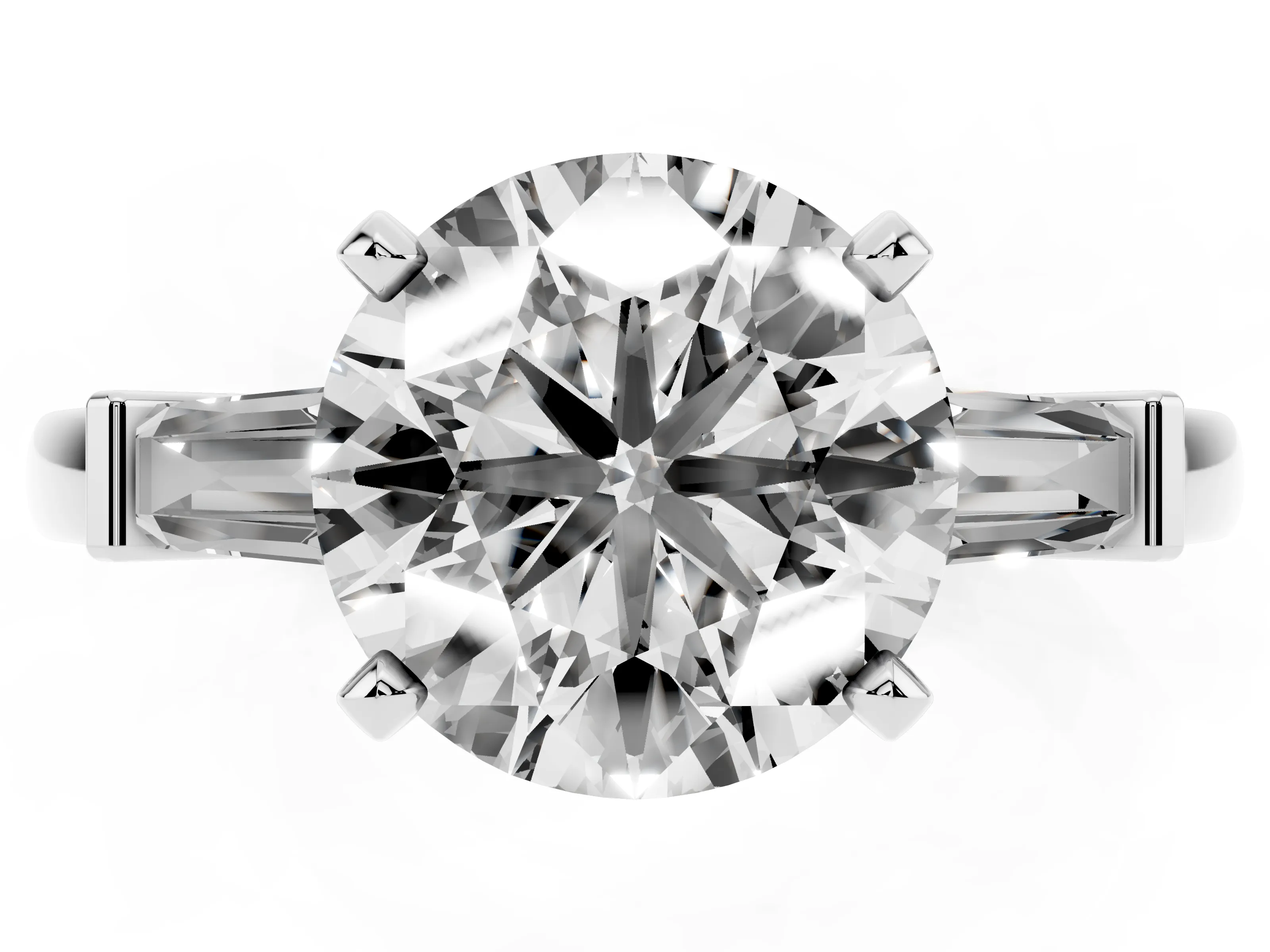 Round Cut Diamond Solitaire Ring Set in White gold with Tapered Baguette Accents and Prong Setting