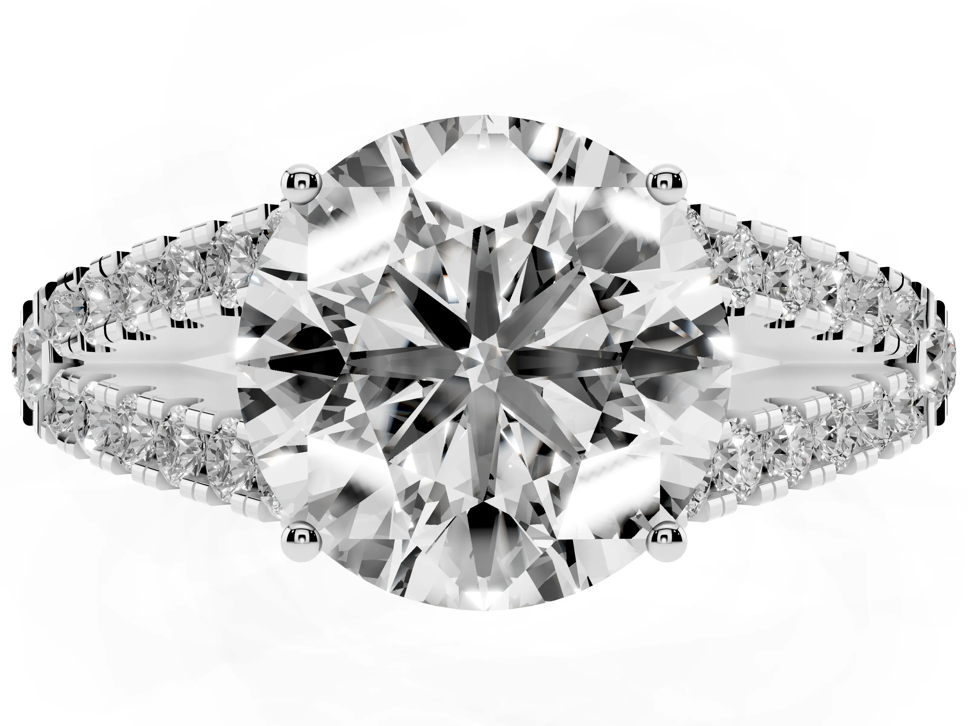 Round Cut Diamond Split Shank Pavé Engagement Ring Set in White gold with Prong-Held Center Stone