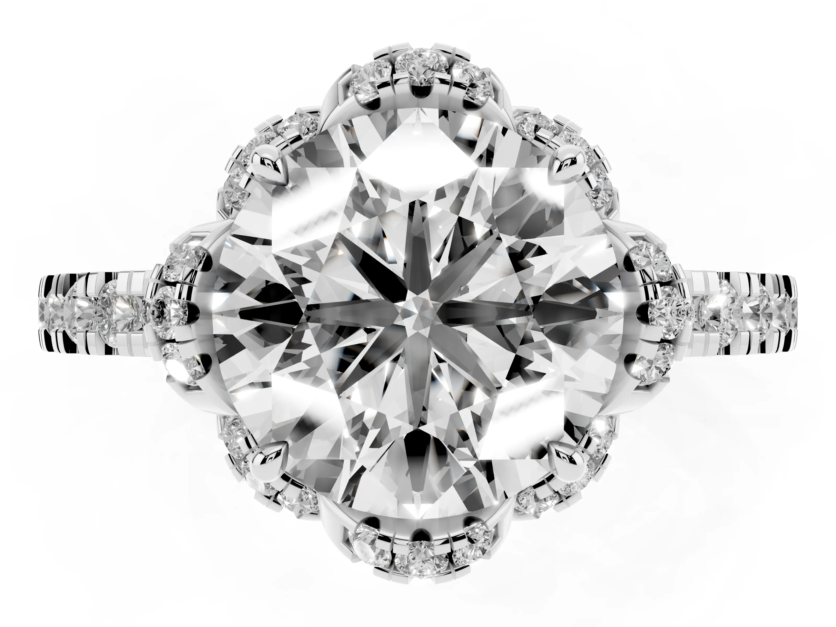Round Cut Diamond Halo Pavé Band Ring Set in White gold with Prong-Held Center