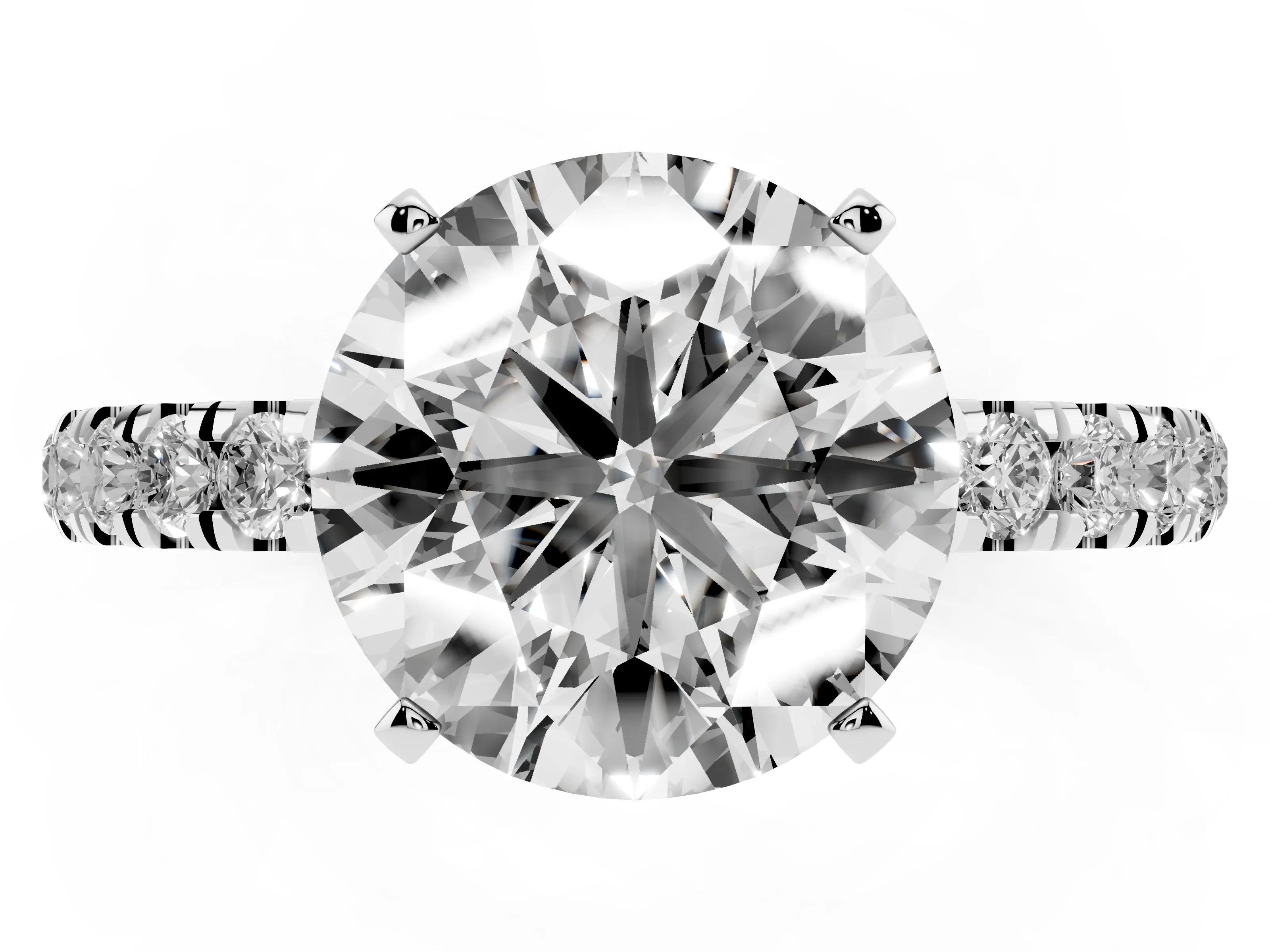Round Cut Diamond Solitaire Ring Set in Silver with Pavé Accents and Prong Setting