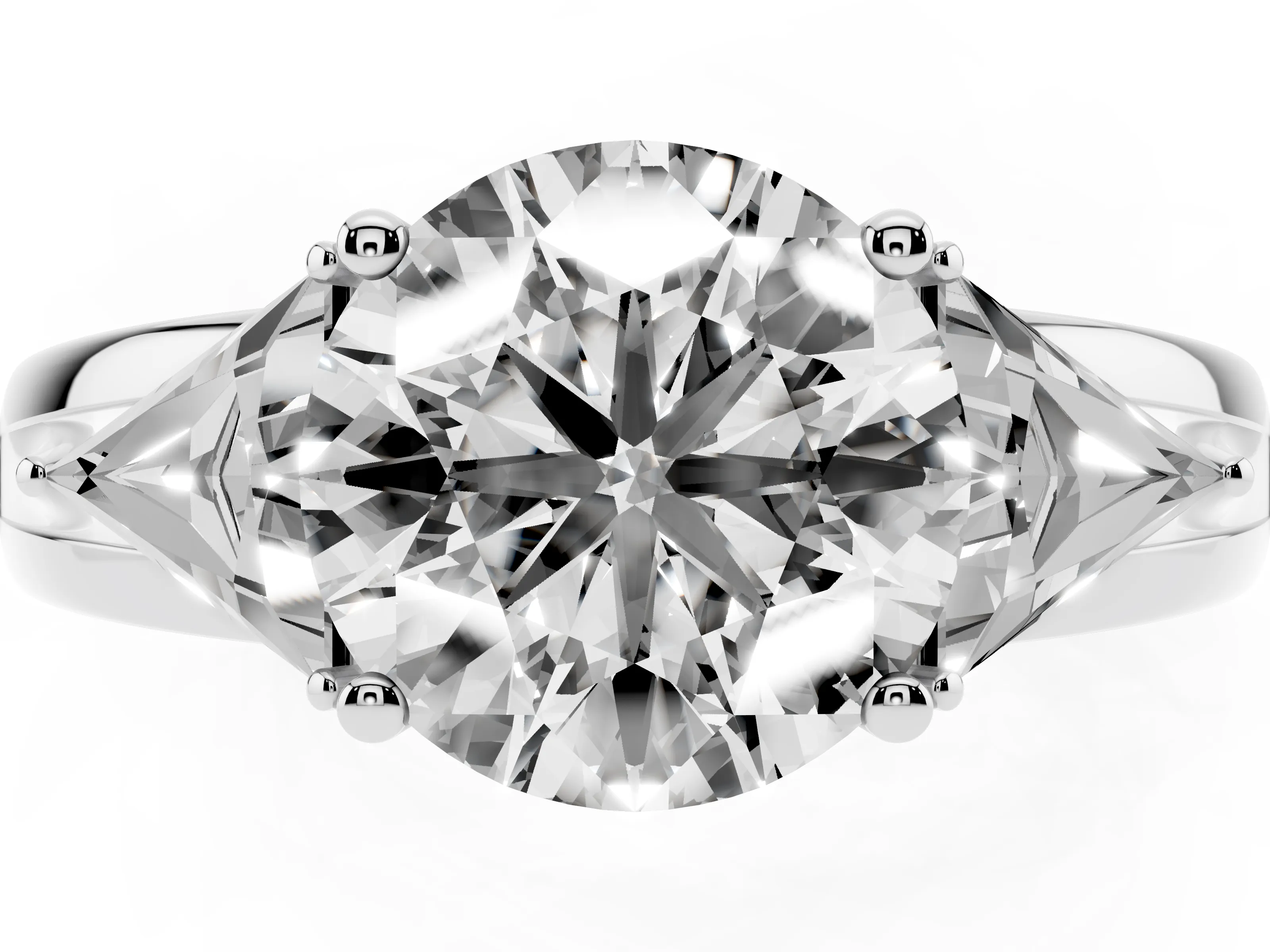 Round Cut Diamond Three-Stone Ring Set in Platinum with Trillion Side Stones and Split Shank
