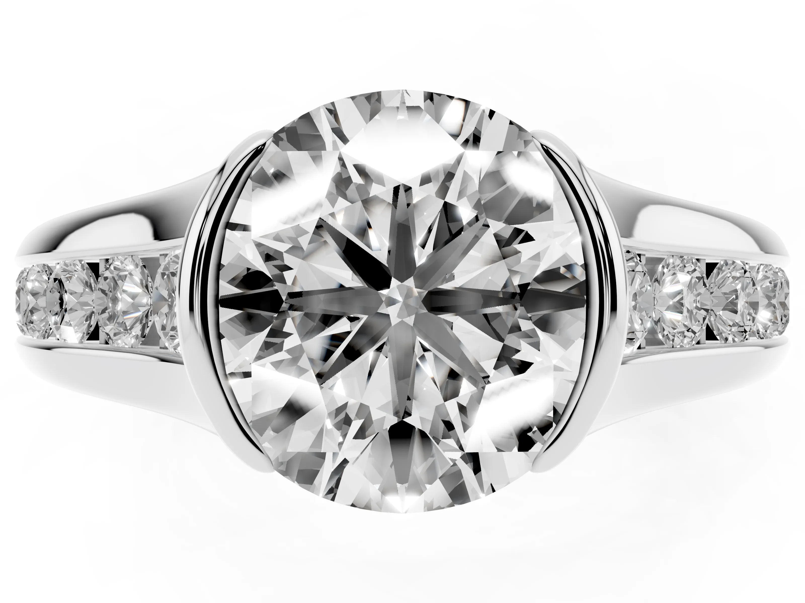 Round Cut Diamond Bezel-Set Solitaire Ring Set in White gold with Channel-Set Band