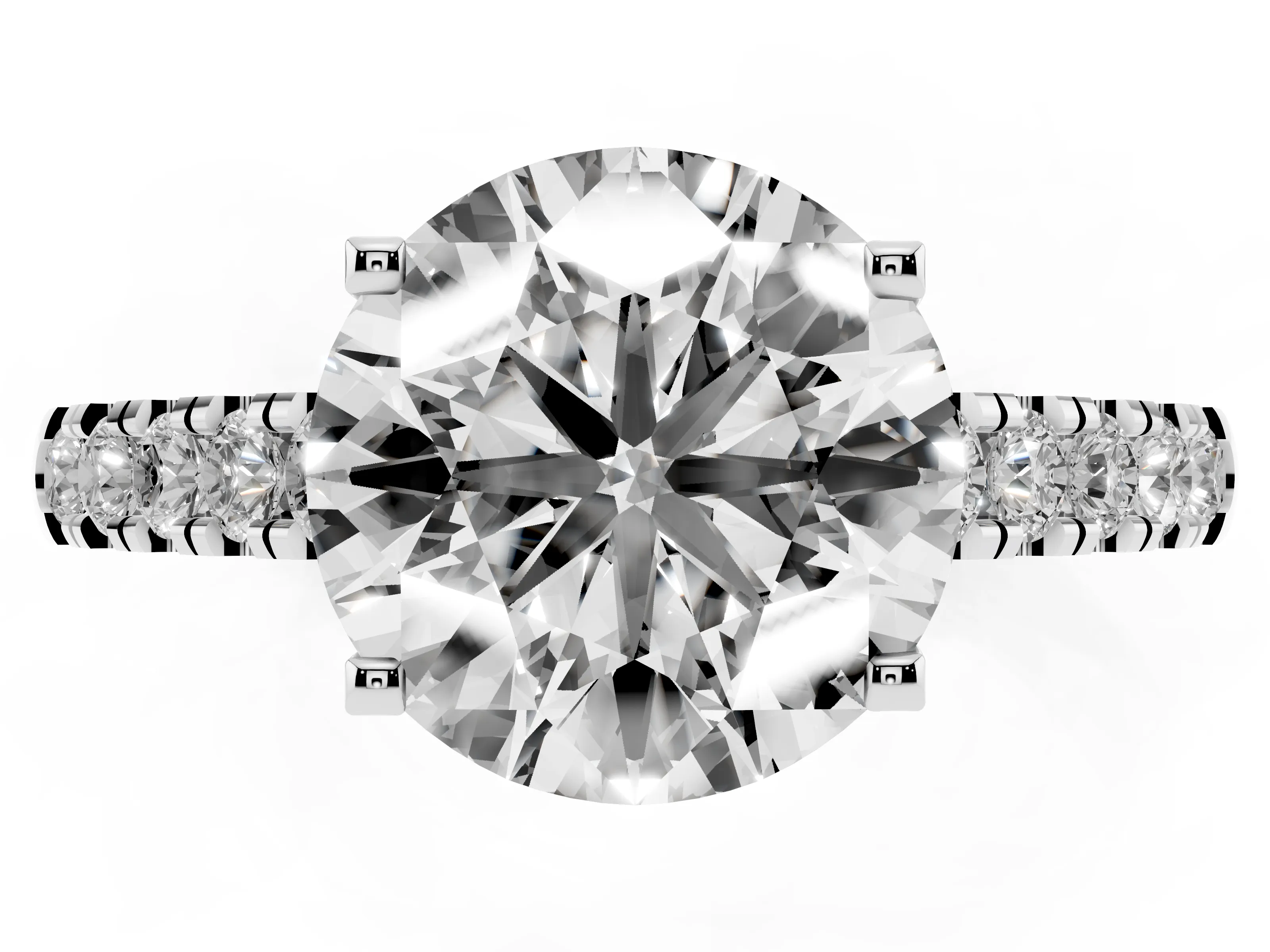 Round Cut Diamond Pavé Band Solitaire Ring Set in White gold with Partway Accent Stones and Prong Setting