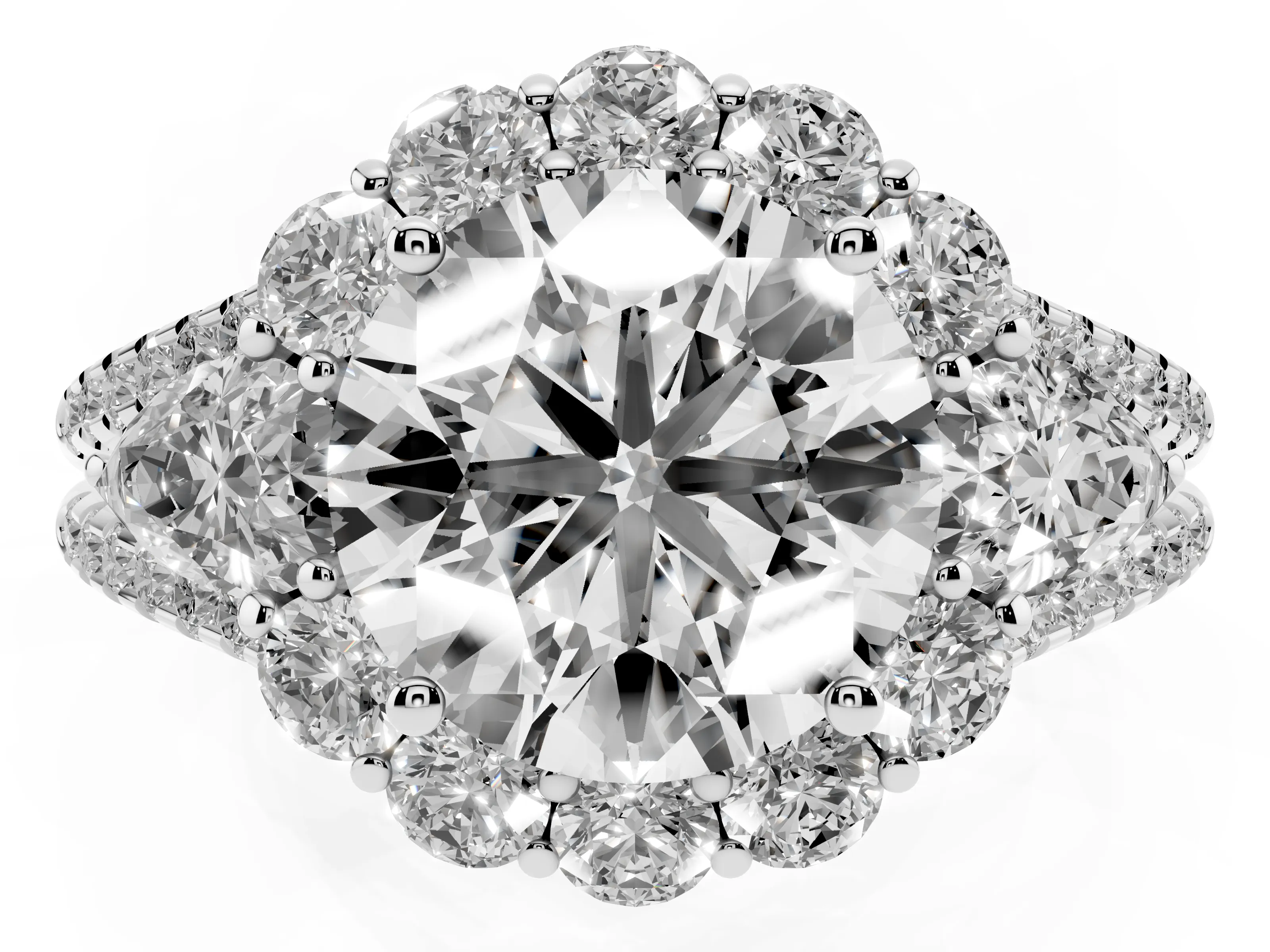 Round Cut Diamond Halo Split Shank Engagement Ring Set in Silver with Prong-Held Center Stone