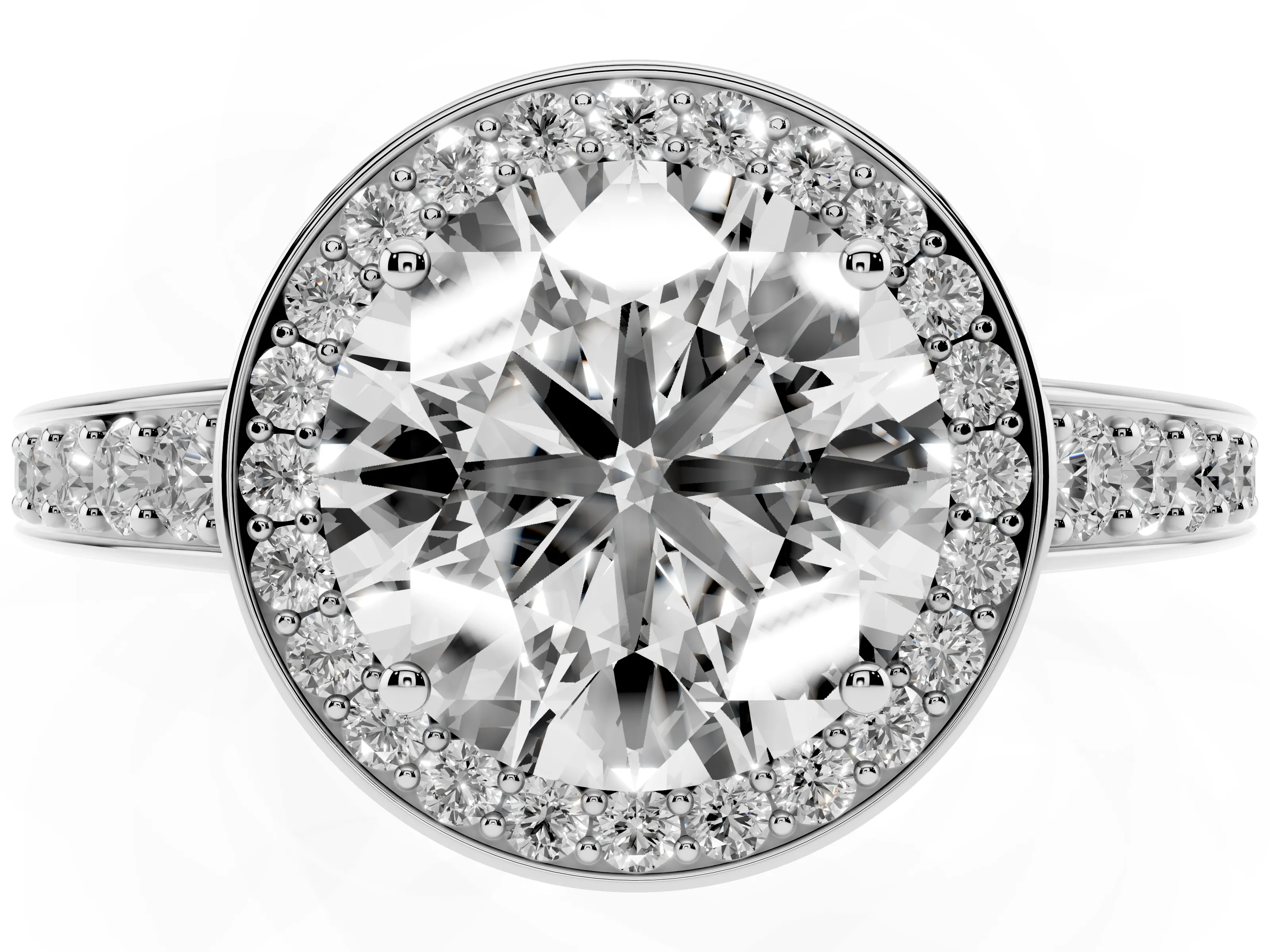 Round Cut Diamond Halo Pavé Engagement Ring Set in White gold with Bezel Setting
