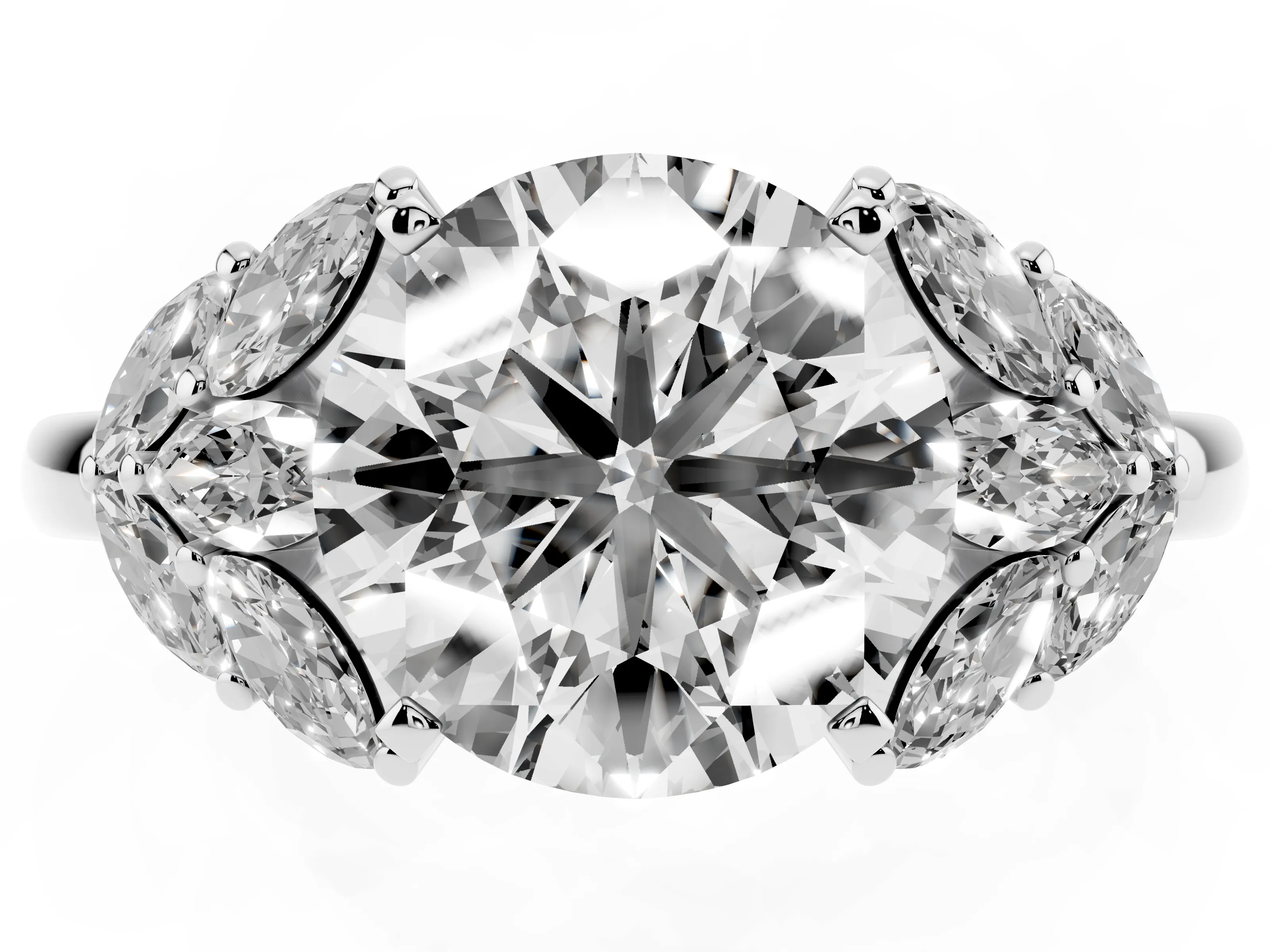 Round Cut Diamond Cluster Leaf Design Ring Set in Platinum with Prong Setting