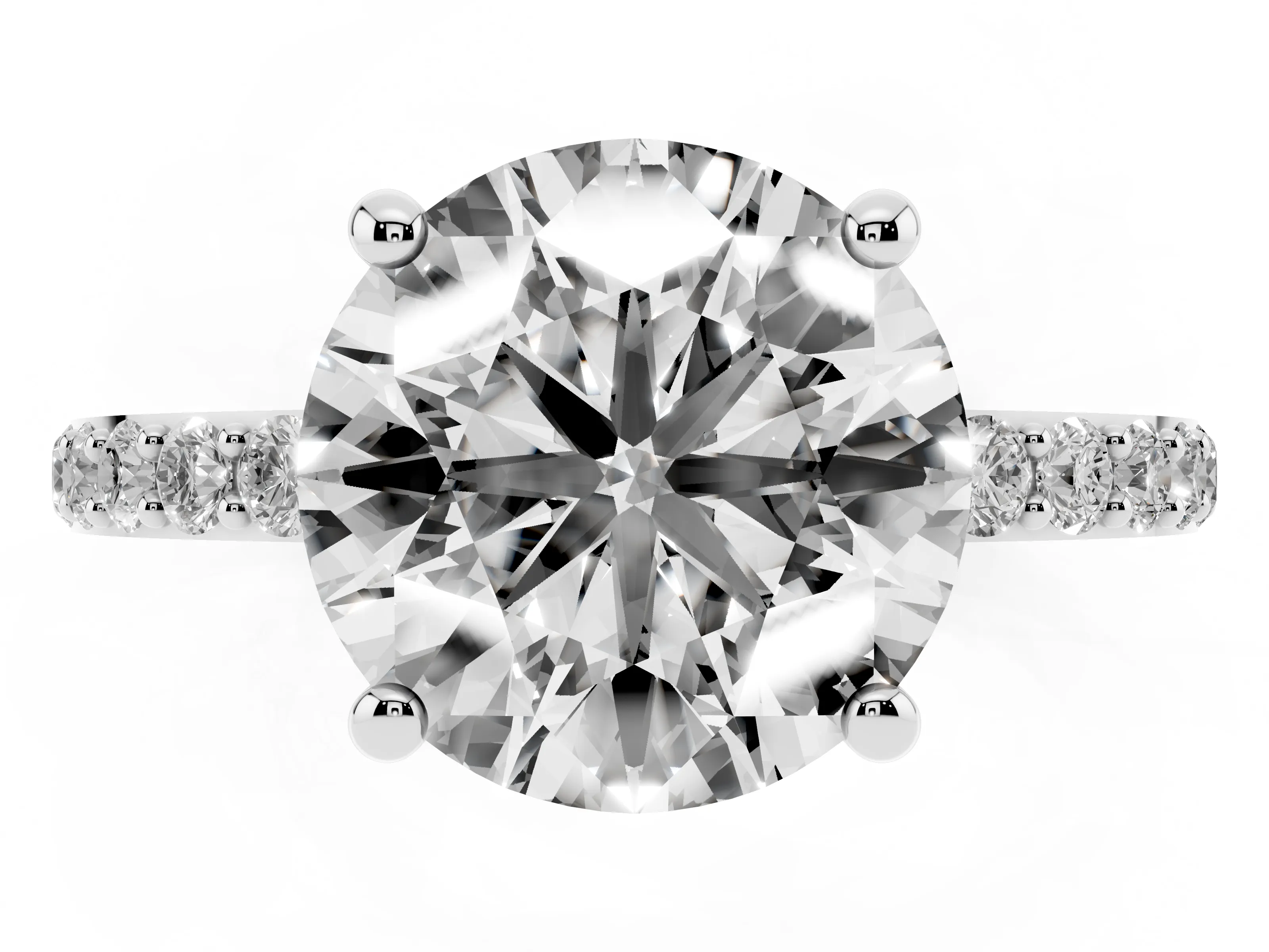 Round Cut Diamond Solitaire Ring Set in Platinum with Round Pavé Band and Prong Setting