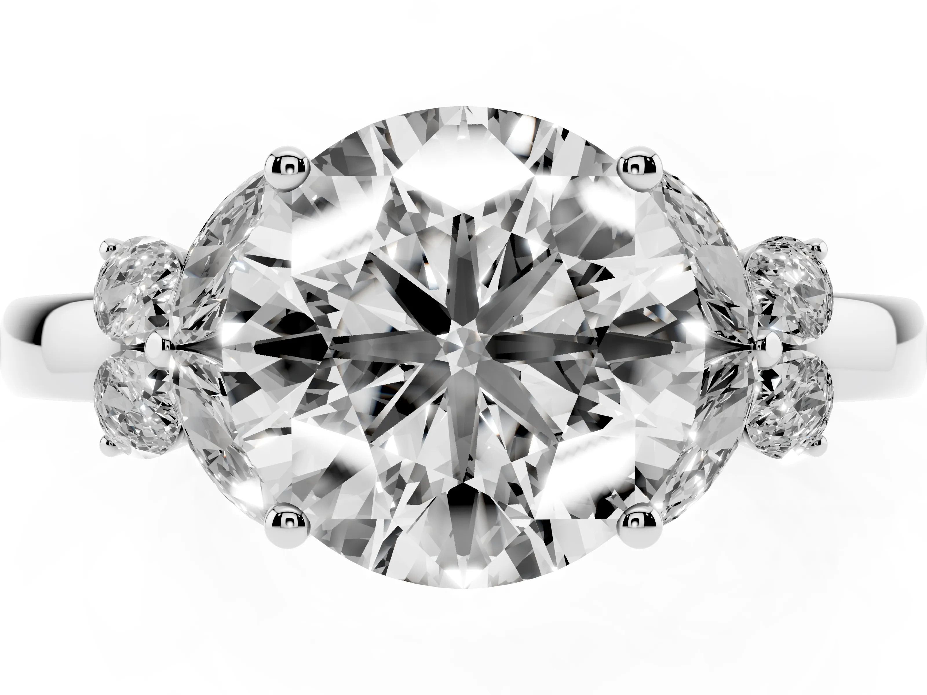 Round Cut Diamond Solitaire Floral Ring Set in Silver with Marquise Petals and Prong Setting