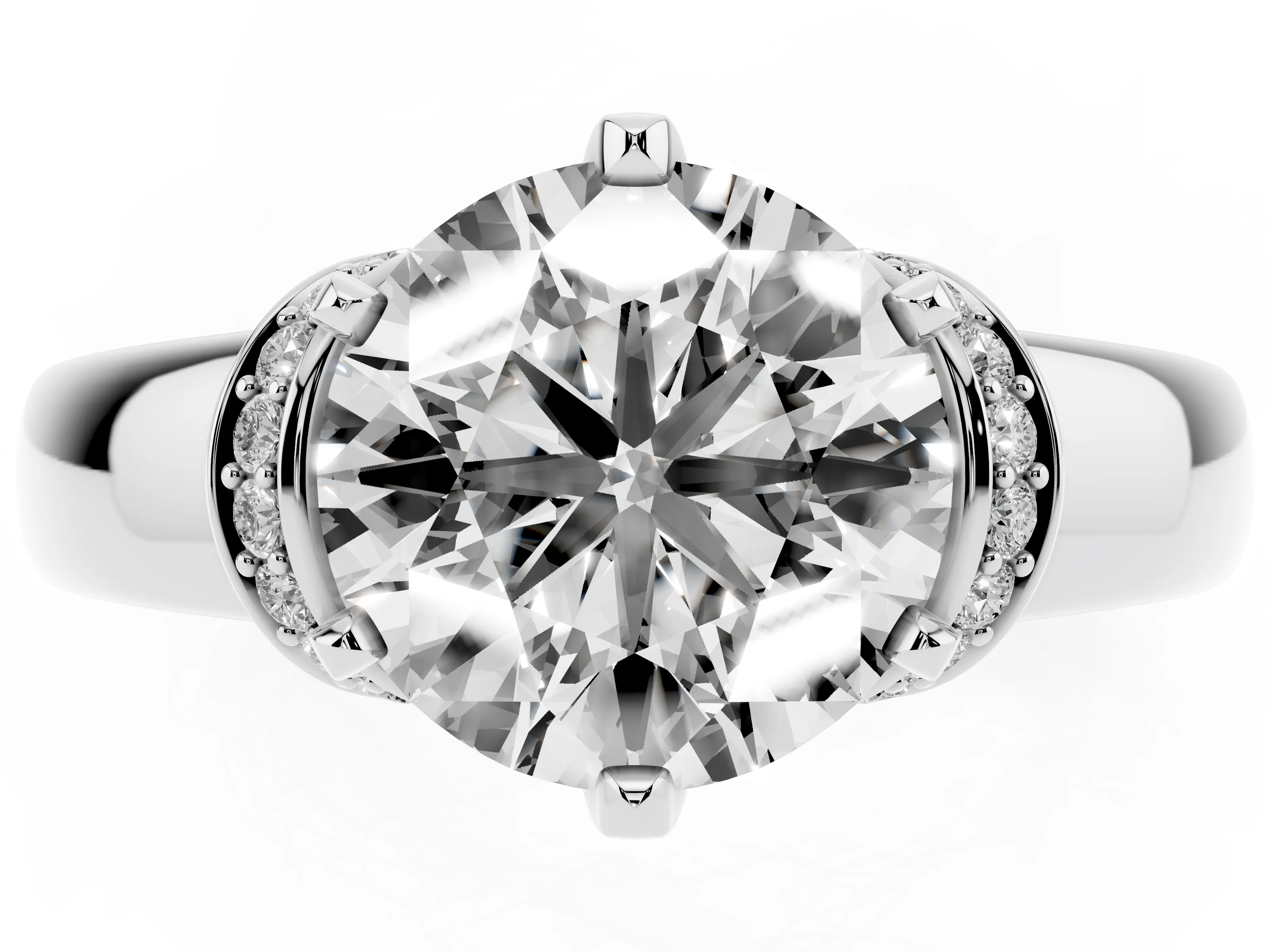 Round Cut Diamond Pavé Band Solitaire Ring Set in Silver with Prong Setting