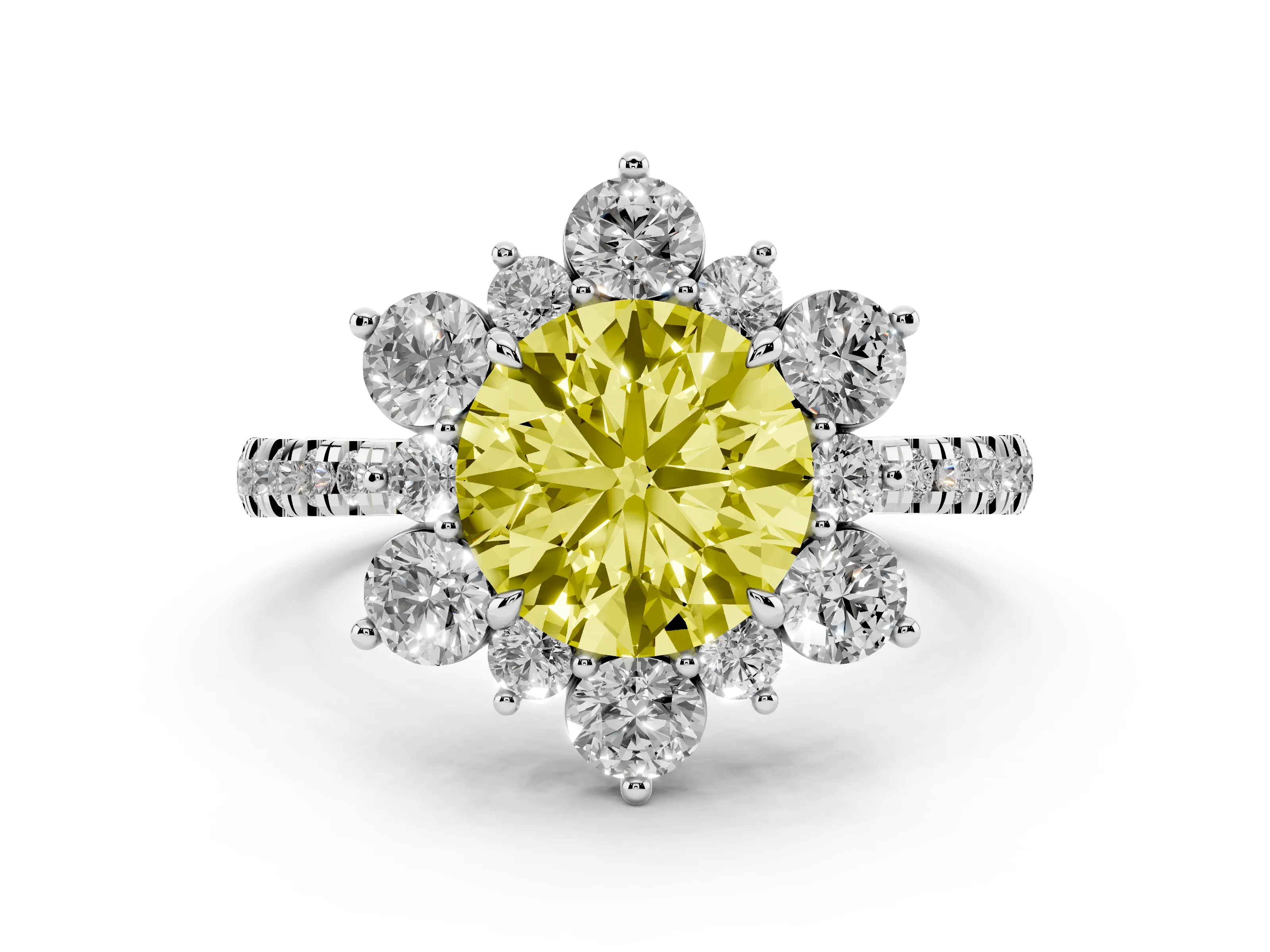 Fancy Yellow Round Cut Diamond Floral Halo Ring Set in Platinum with Round Pavé Band and Prong Setting
