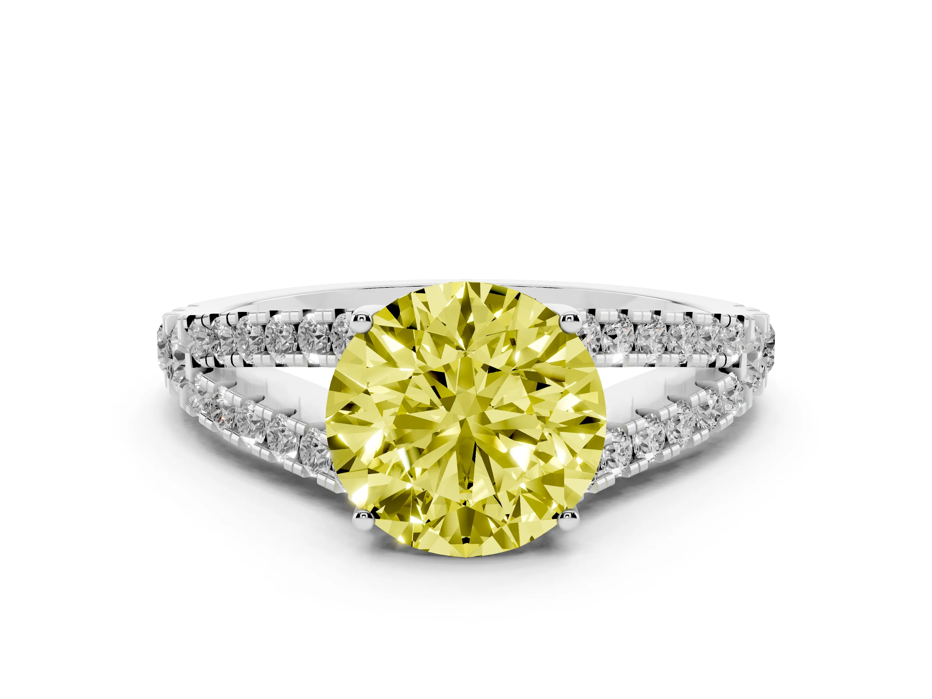 Fancy Yellow Round Cut Diamond Split Shank Pavé Engagement Ring Set in Platinum with Prong-Held Center Stone