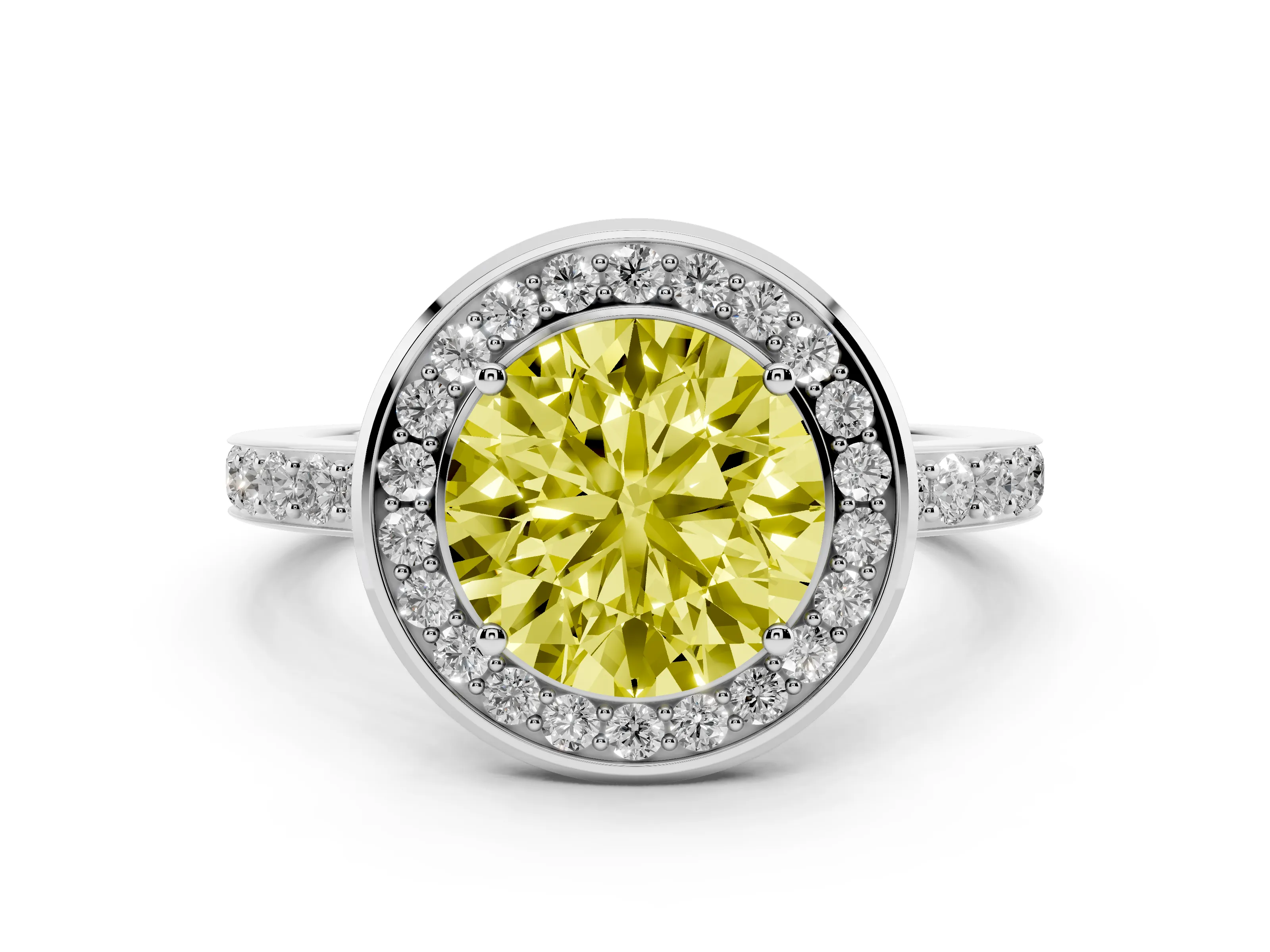 Fancy Yellow Round Cut Diamond Halo Ring Set in Silver with Bezel Frame and Pavé Band