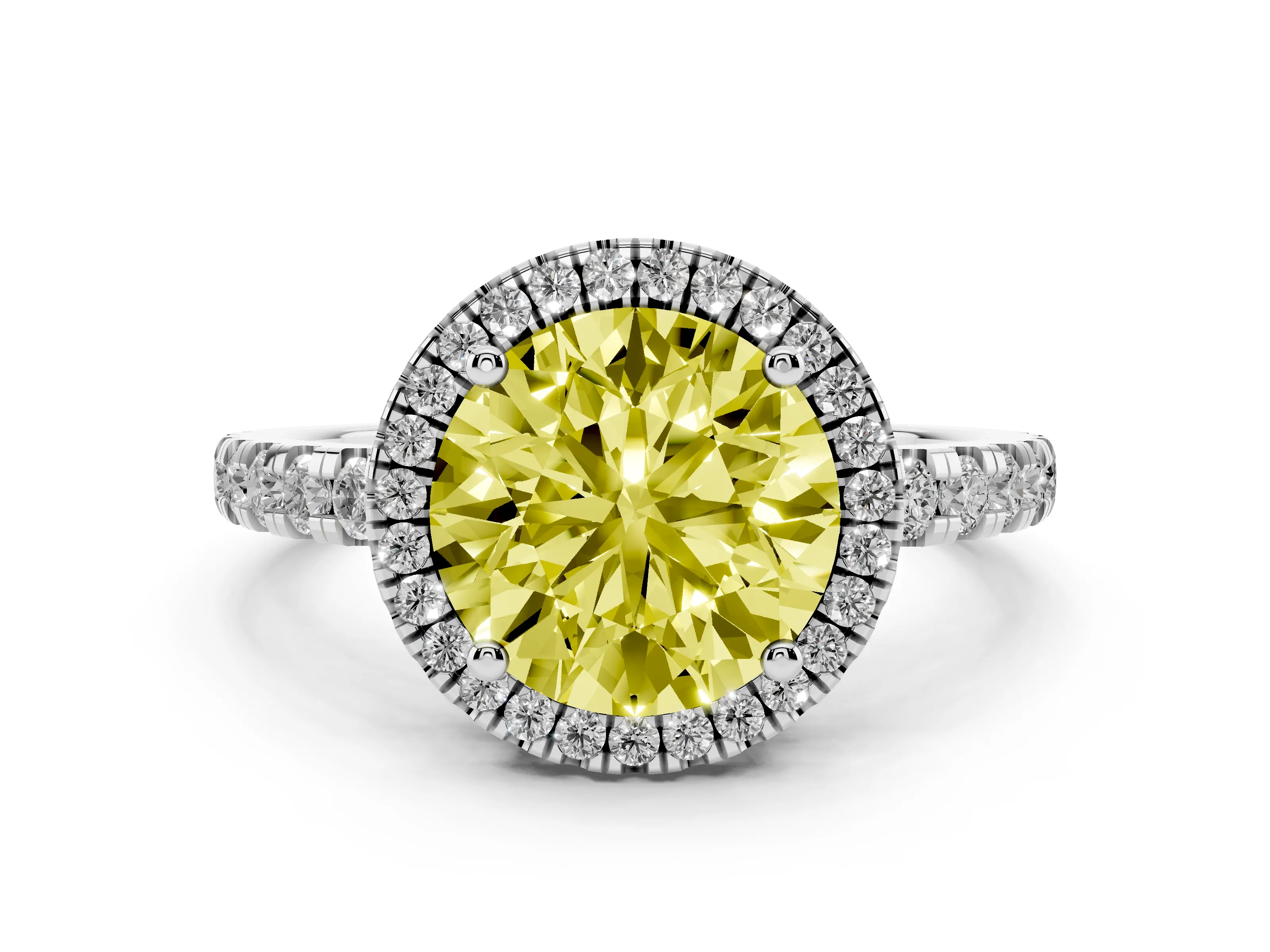 Fancy Yellow Round Cut Diamond Halo Ring Set in Silver with Delicate Pavé Band and Prong Setting