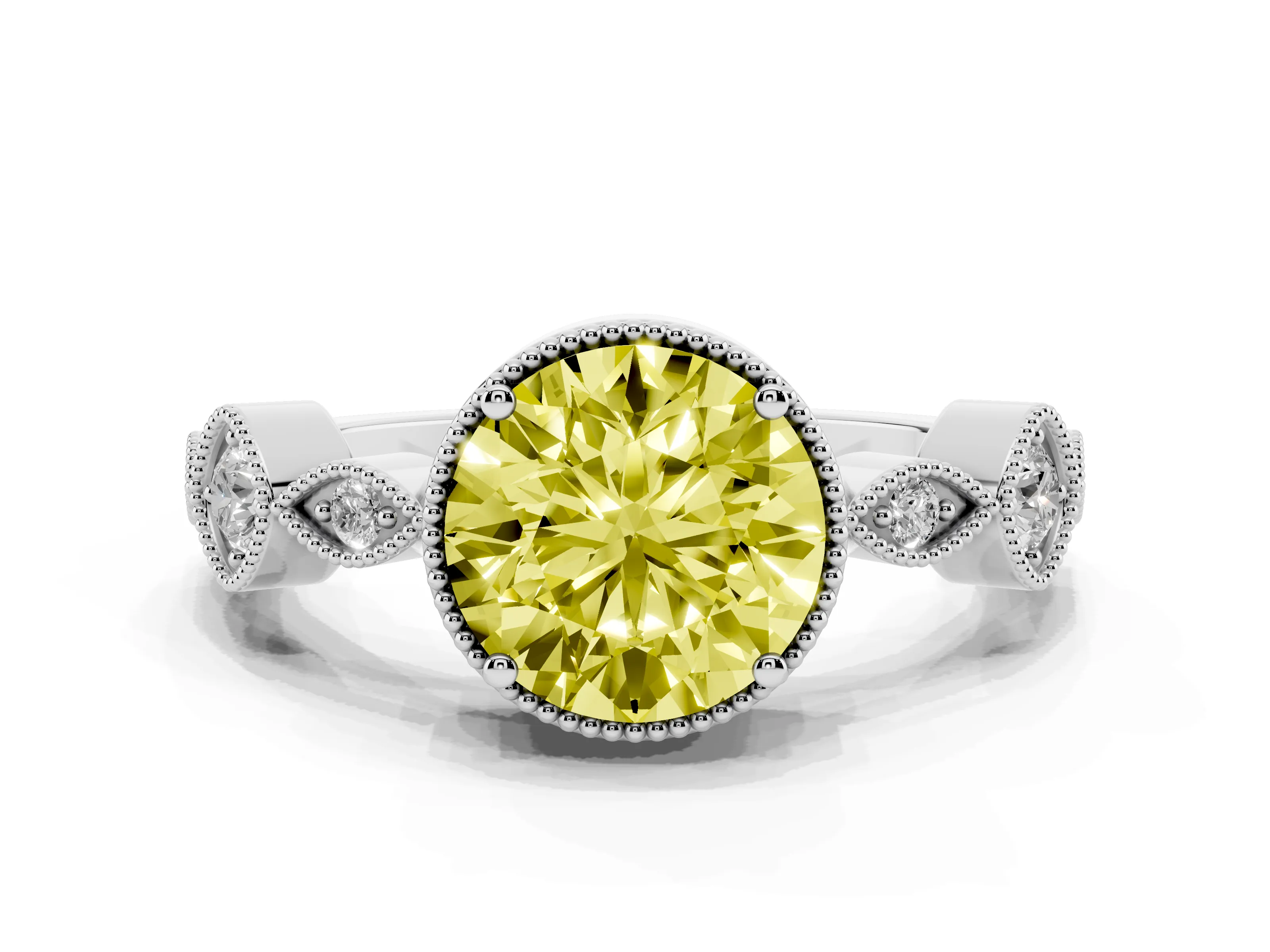 Fancy Yellow Round Cut Diamond Vintage-Inspired Milgrain Ring Set in Platinum with Marquise Stations of Round Accents